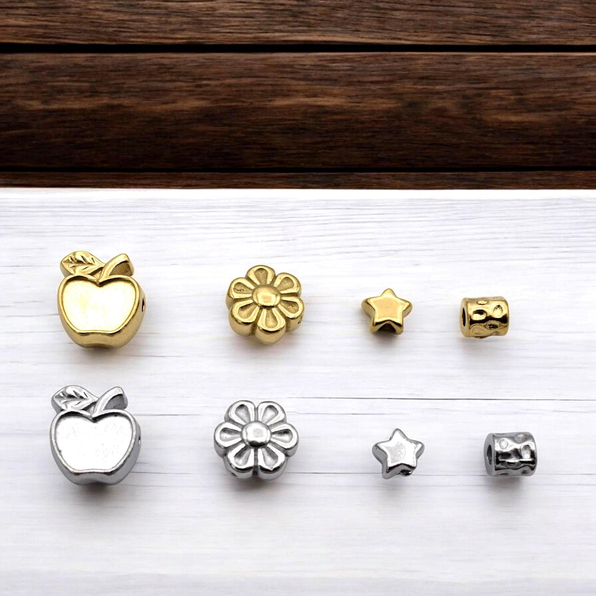 Bead Spacer Apple Daisy Star Barrel Beads, Gold Silver Finish (12 Pieces, Hypoallergenic Stainless Steel, Rust & Tarnish Resistant)