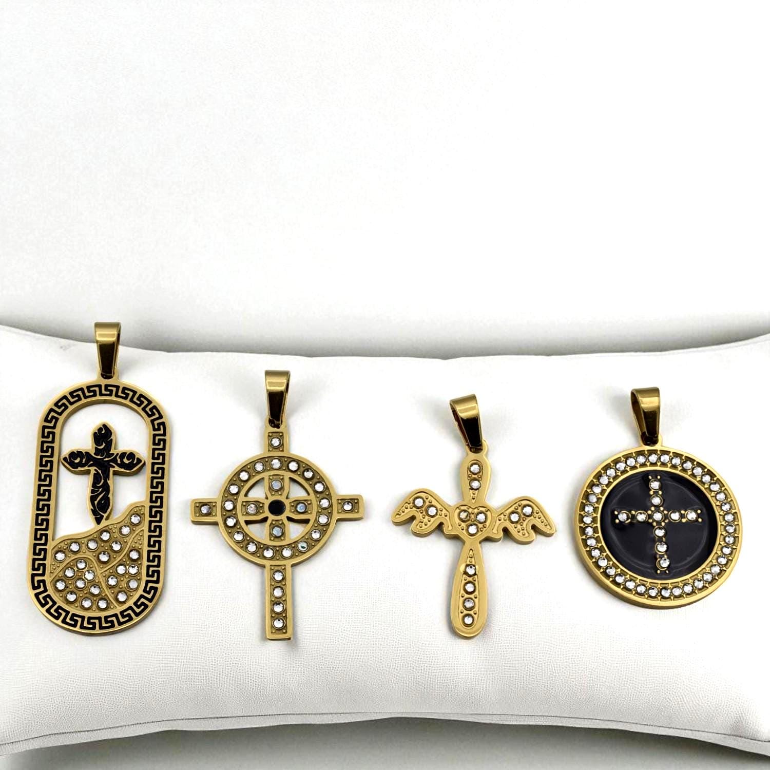 Gold Stainless Steel Cross Pendants – CZ Enamel Celtic, Angel, Medallion Tombstone Styles Christian Necklace Charms Rosary...