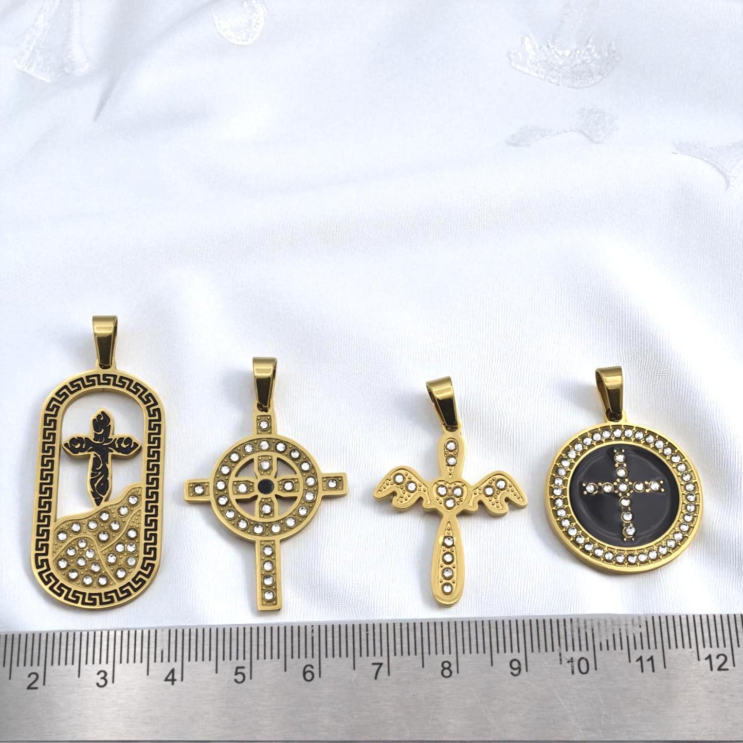 Gold Stainless Steel Cross Pendants – CZ Enamel Celtic, Angel, Medallion Tombstone Styles Christian Necklace Charms Rosary...