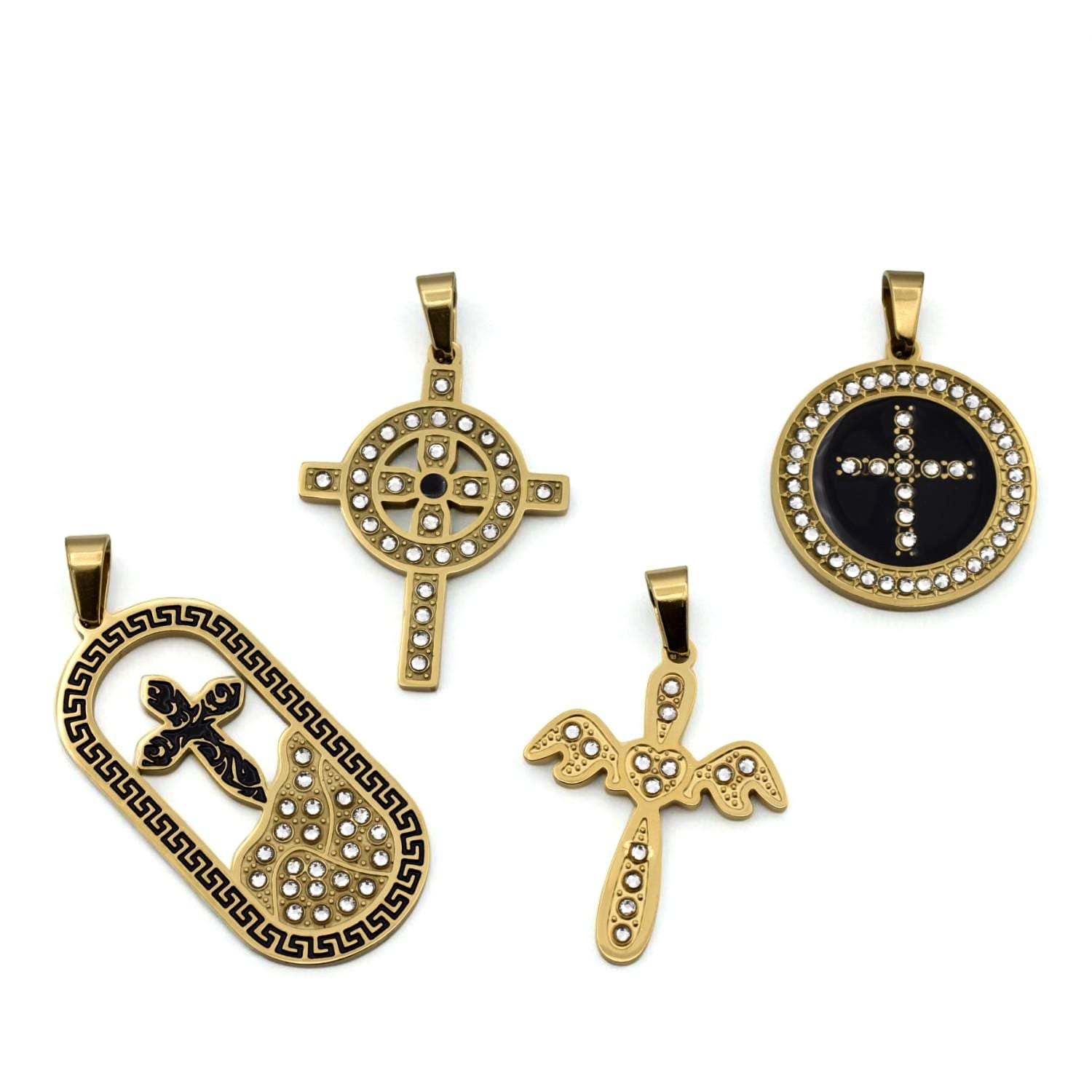 Gold Stainless Steel Cross Pendants – CZ Enamel Celtic, Angel, Medallion Tombstone Styles Christian Necklace Charms Rosary...