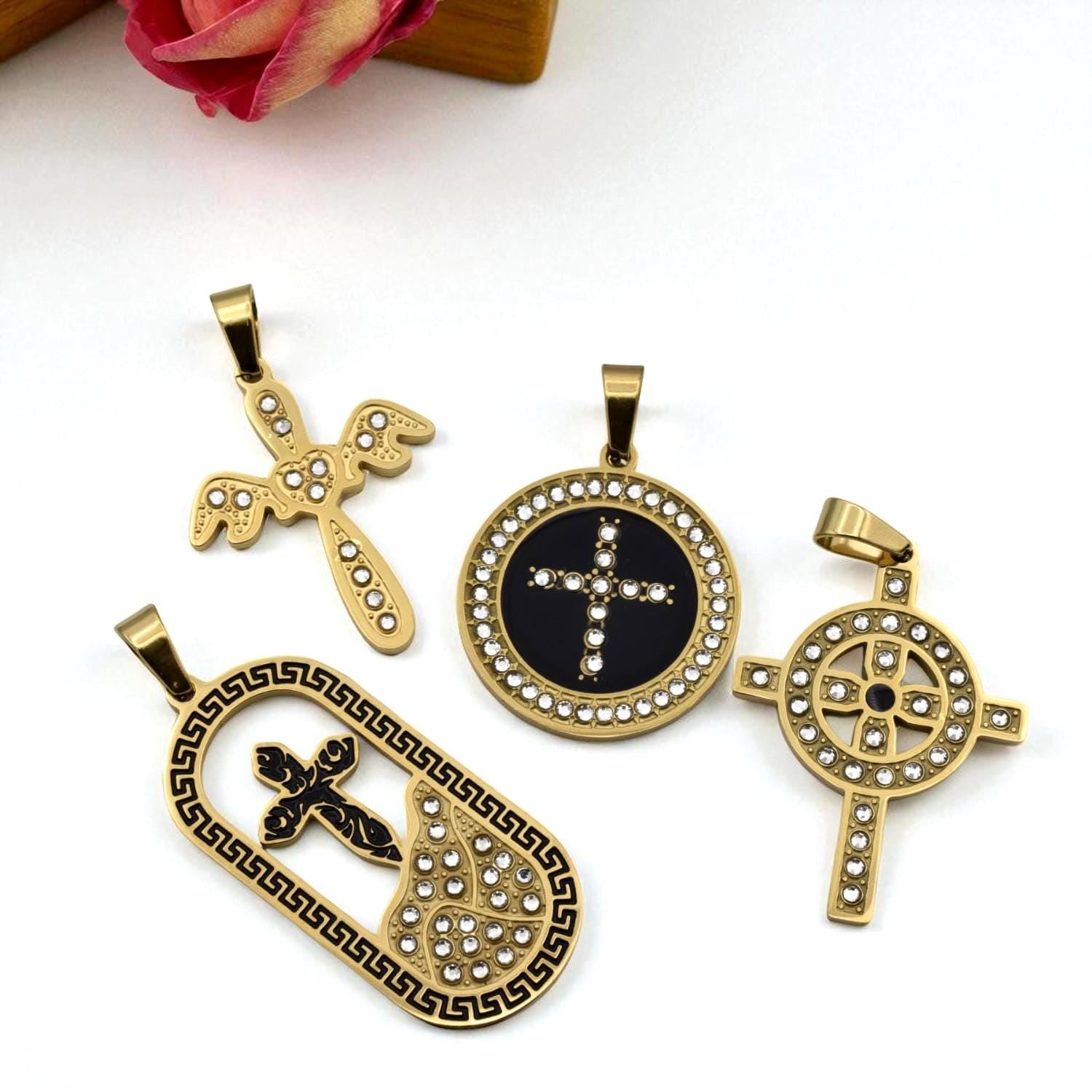 Gold Stainless Steel Cross Pendants – CZ Enamel Celtic, Angel, Medallion Tombstone Styles Christian Necklace Charms Rosary...