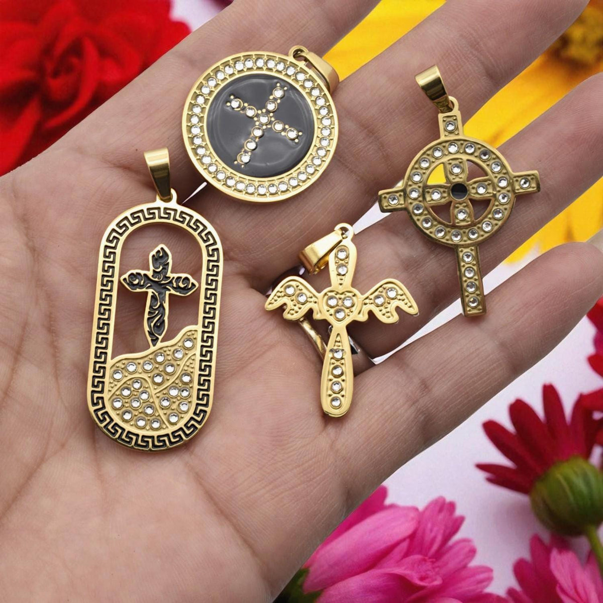 Gold Stainless Steel Cross Pendants – CZ Enamel Celtic, Angel, Medallion Tombstone Styles Christian Necklace Charms Rosary...