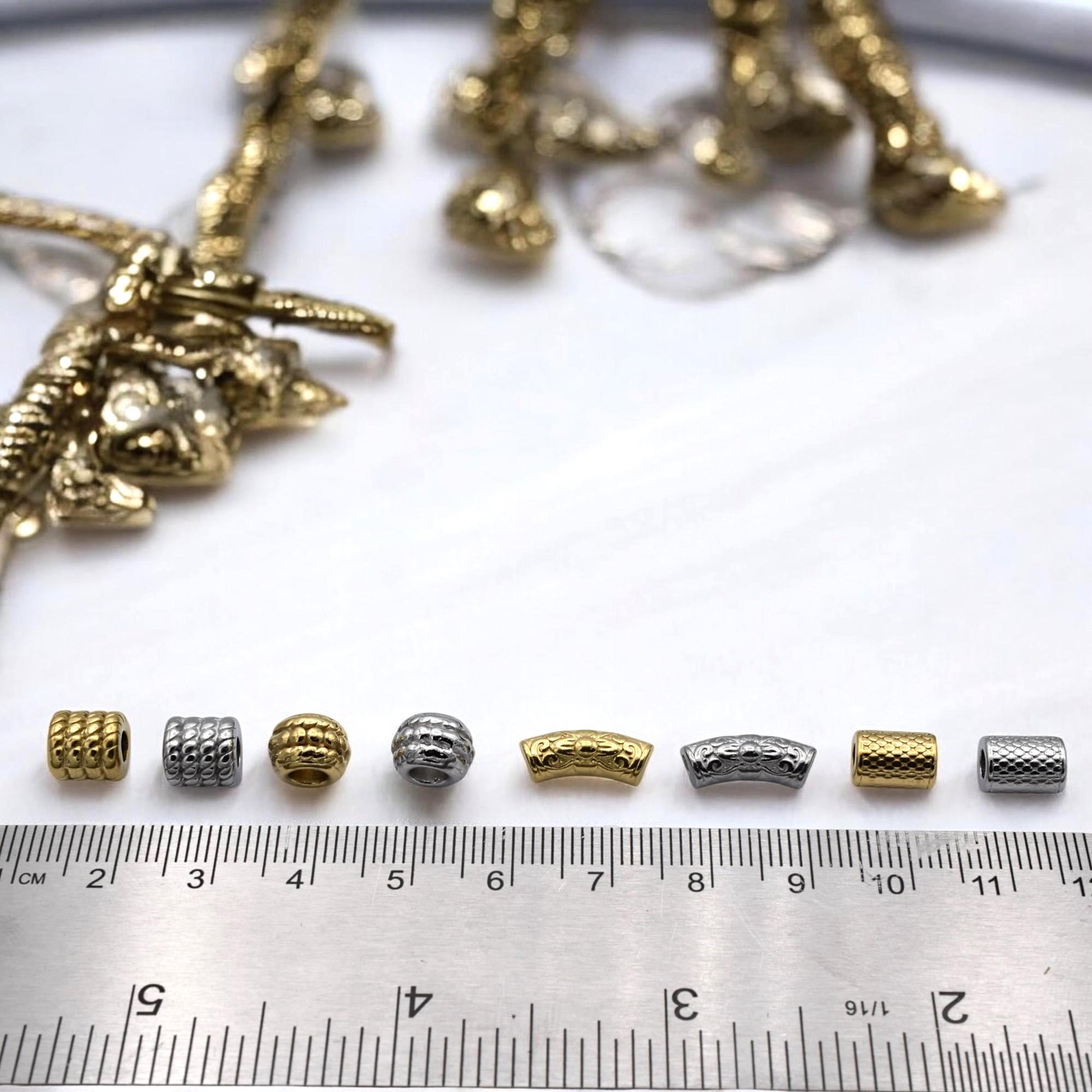 Beads Roundel Gold Large Hole Tubes, Textured Barrel Spacers (Hammered Bamboo Snakeskin, Stainless Steel, 12 Pieces Pack)