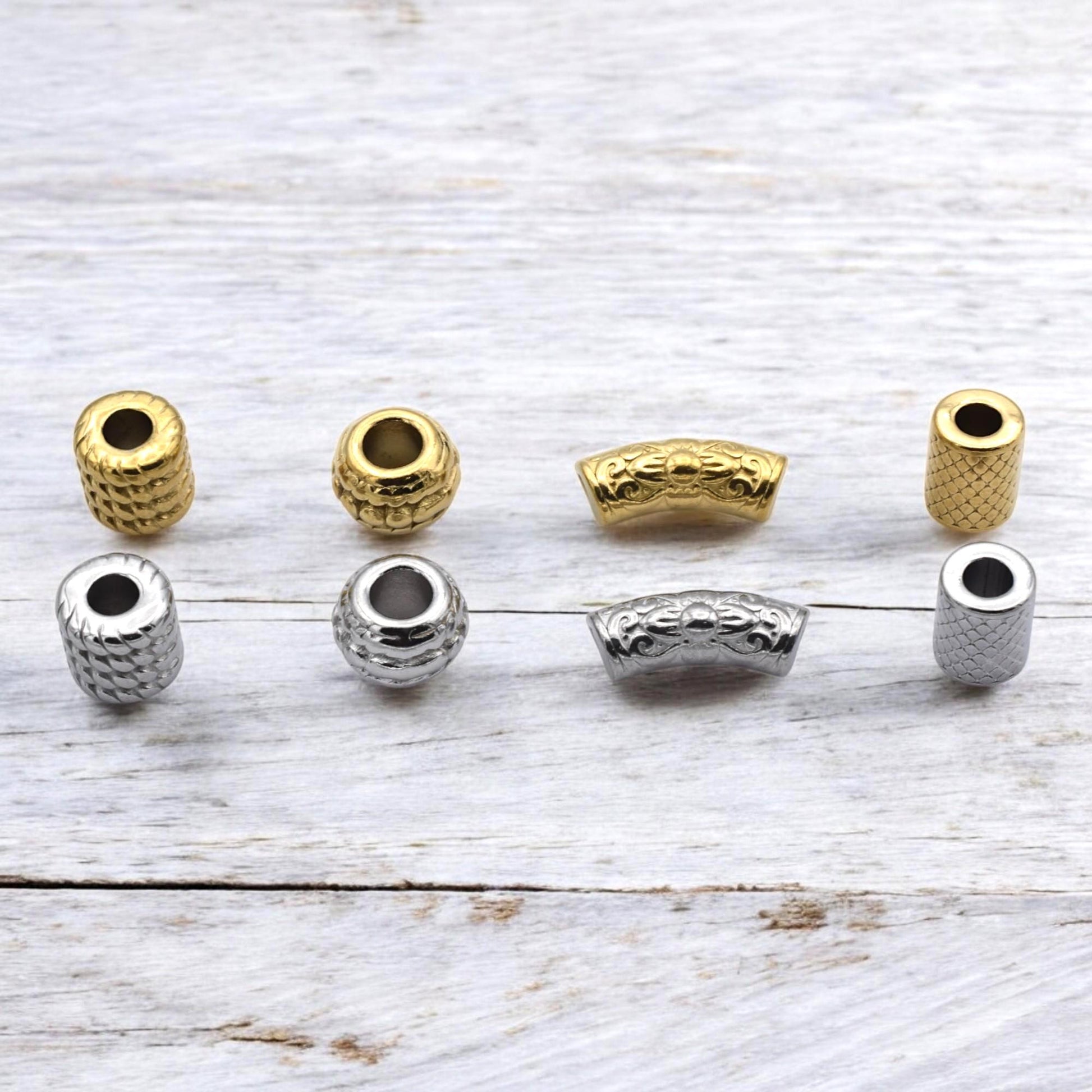 Beads Roundel Gold Large Hole Tubes, Textured Barrel Spacers (Hammered Bamboo Snakeskin, Stainless Steel, 12 Pieces Pack)