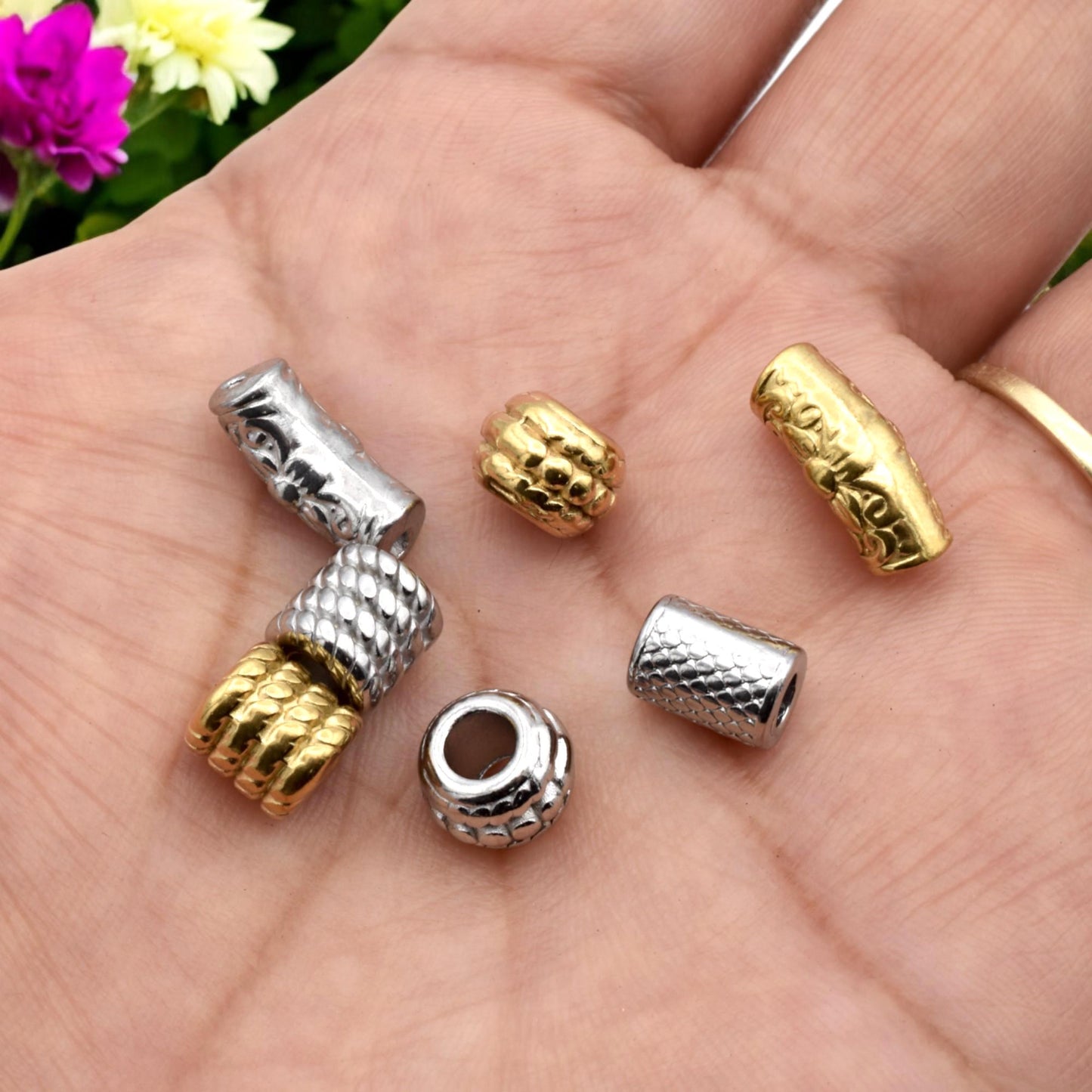 Beads Roundel Gold Large Hole Tubes, Textured Barrel Spacers (Hammered Bamboo Snakeskin, Stainless Steel, 12 Pieces Pack)