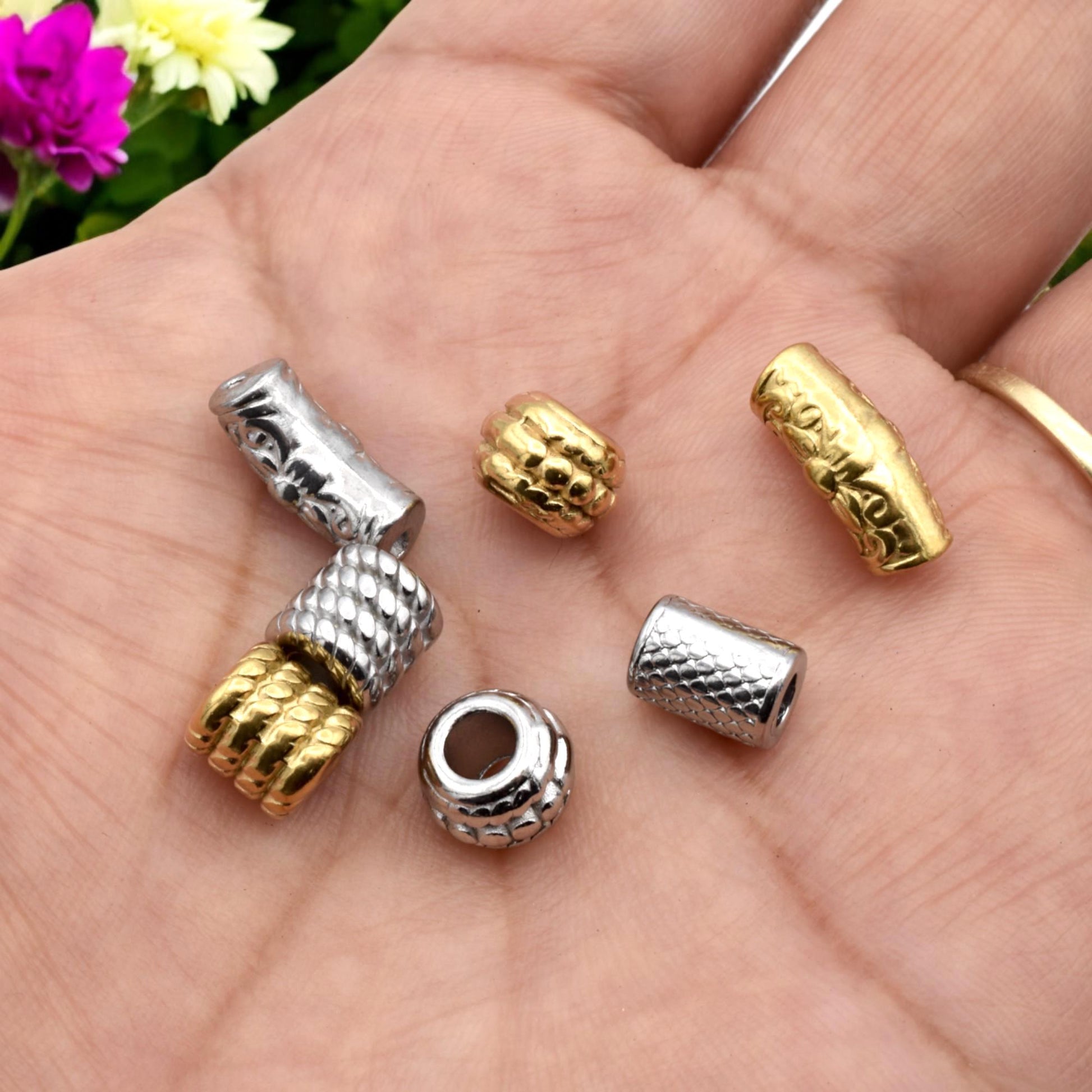 Beads Roundel Gold Large Hole Tubes, Textured Barrel Spacers (Hammered Bamboo Snakeskin, Stainless Steel, 12 Pieces Pack)