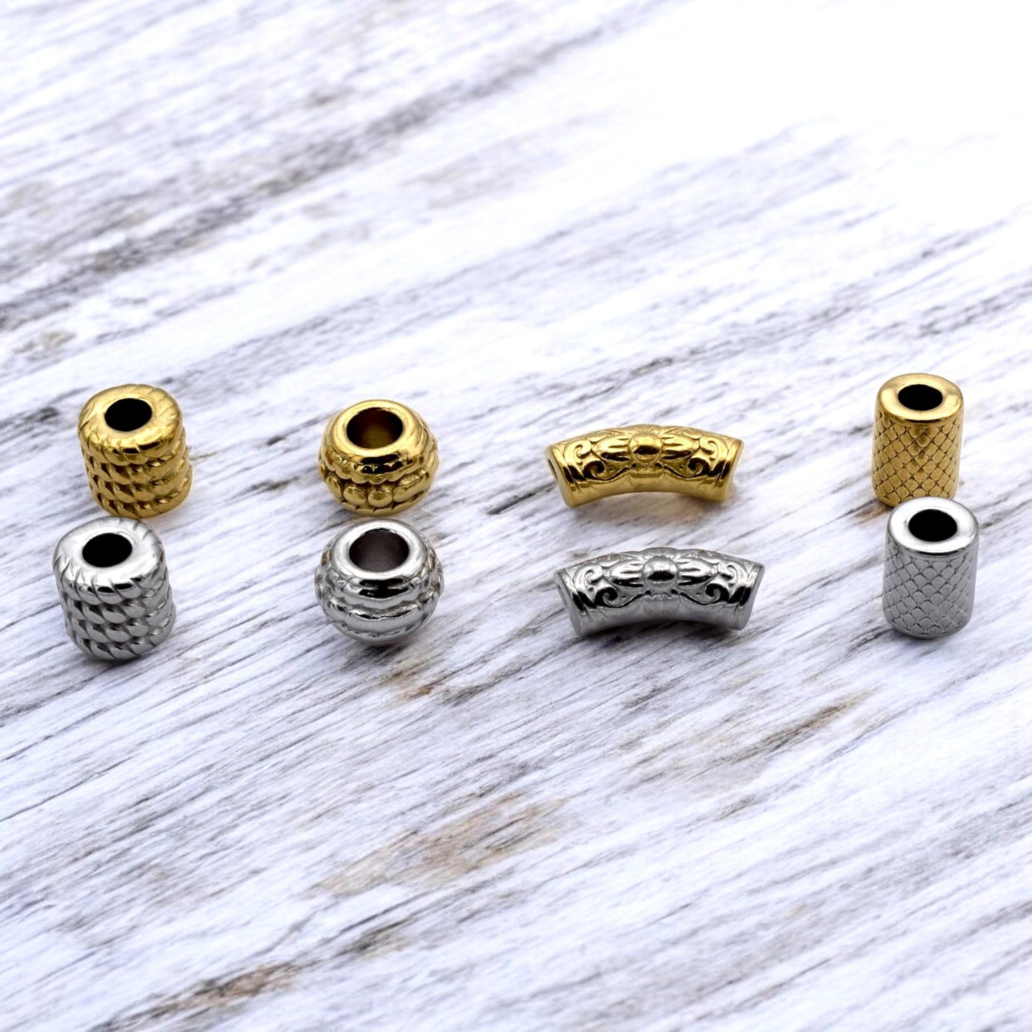 Beads Roundel Gold Large Hole Tubes, Textured Barrel Spacers (Hammered Bamboo Snakeskin, Stainless Steel, 12 Pieces Pack)