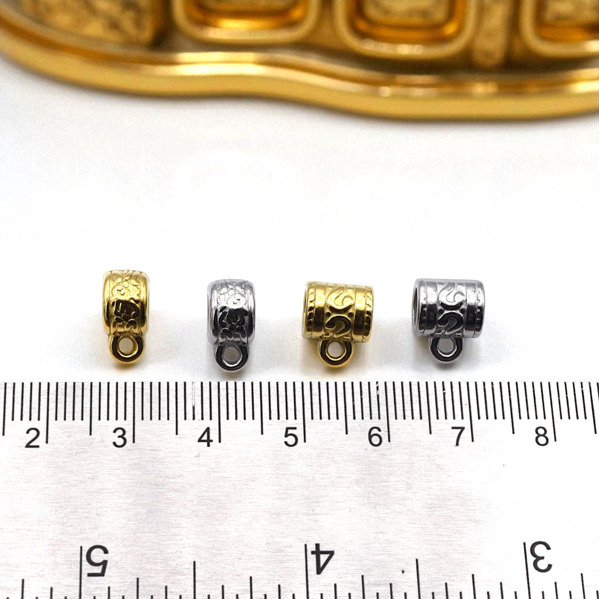Pattern Barrel Bail Beads: Artisan Vine Pattern, Gold & Silver Stainless Steel (Large Hole 4mm, Durable, Hypoallergenic, 12 Pack)