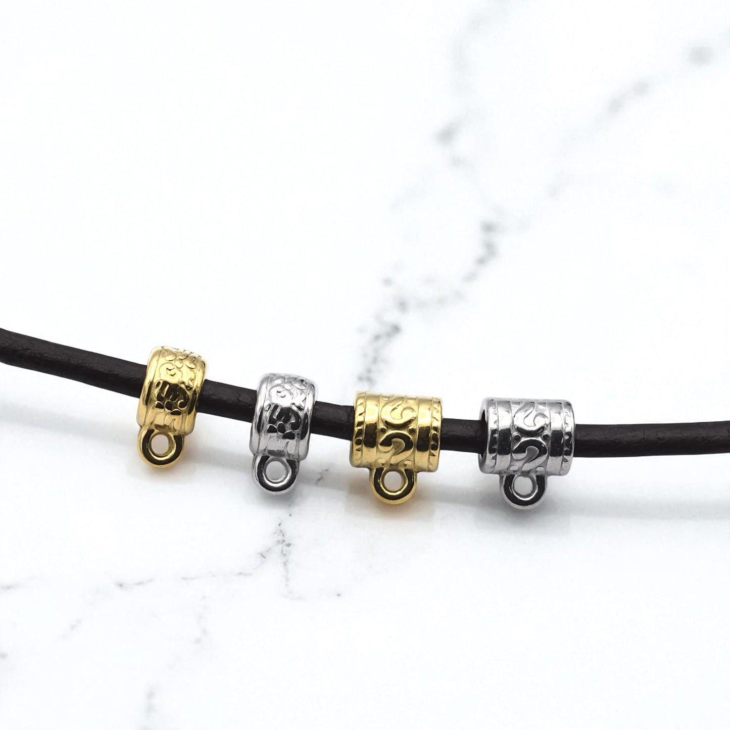 Pattern Barrel Bail Beads: Artisan Vine Pattern, Gold & Silver Stainless Steel (Large Hole 4mm, Durable, Hypoallergenic, 12 Pack)