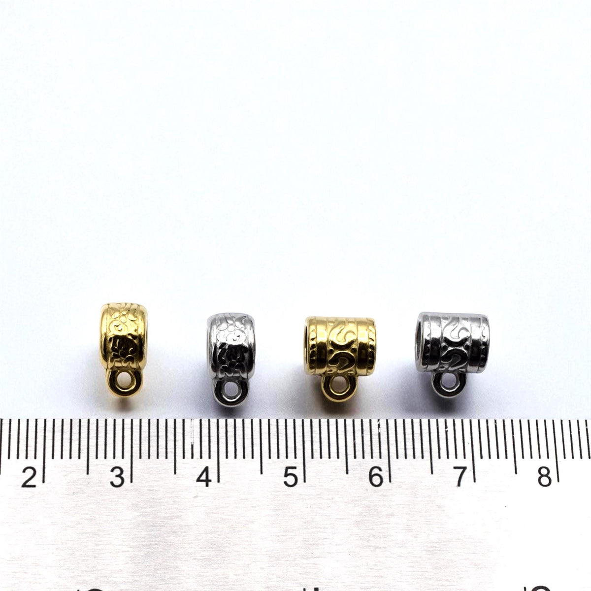 Pattern Barrel Bail Beads: Artisan Vine Pattern, Gold & Silver Stainless Steel (Large Hole 4mm, Durable, Hypoallergenic, 12 Pack)
