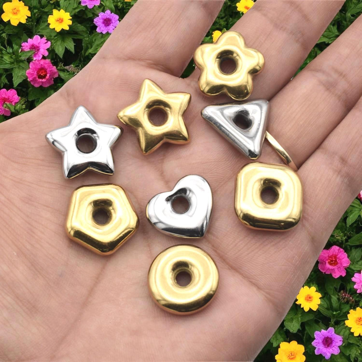 Stainless Steel Star Spacer Beads: Geometric Shapes in Gold & Silver (Large Hole, Hypoallergenic, Lead-Free, 18mm)
