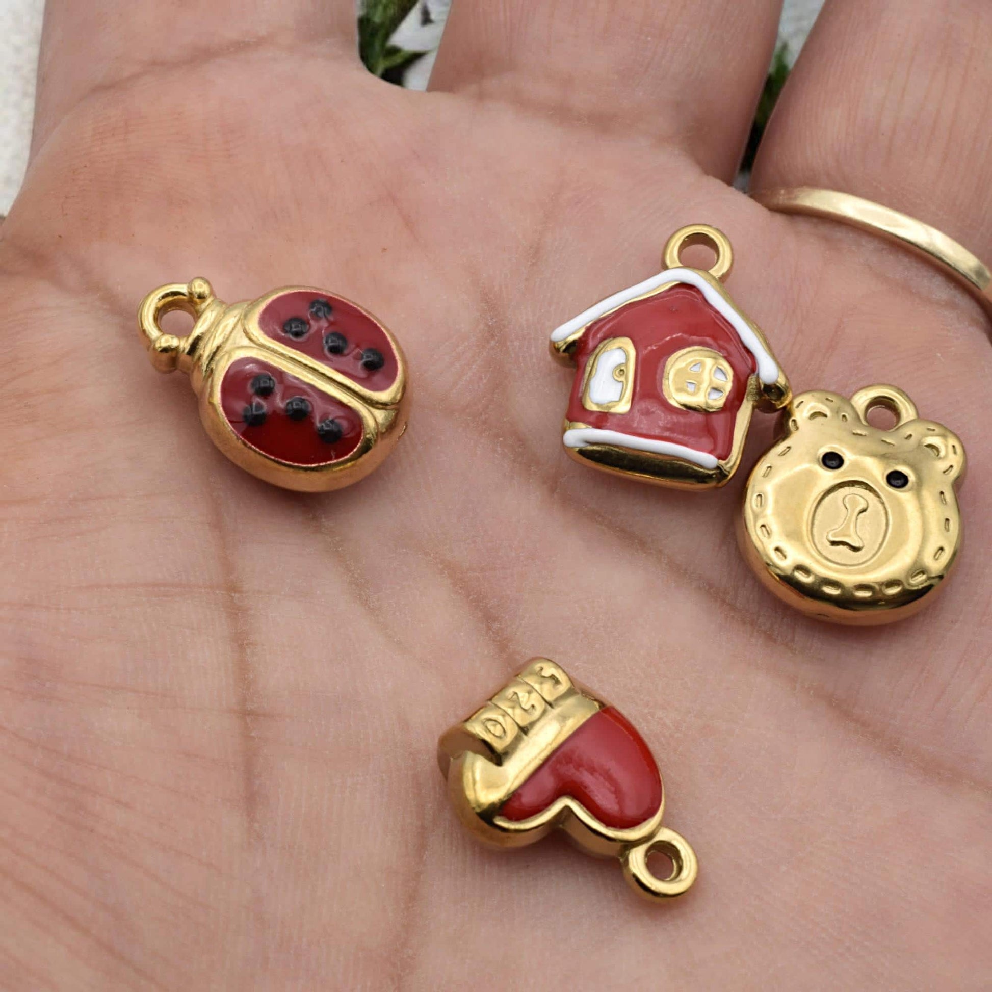 Red Enamel Charm Set: Colorful Kawaii Motifs for Crafting (6 or 12 Pieces, Gold Plated Stainless Steel, Kids Friendly)