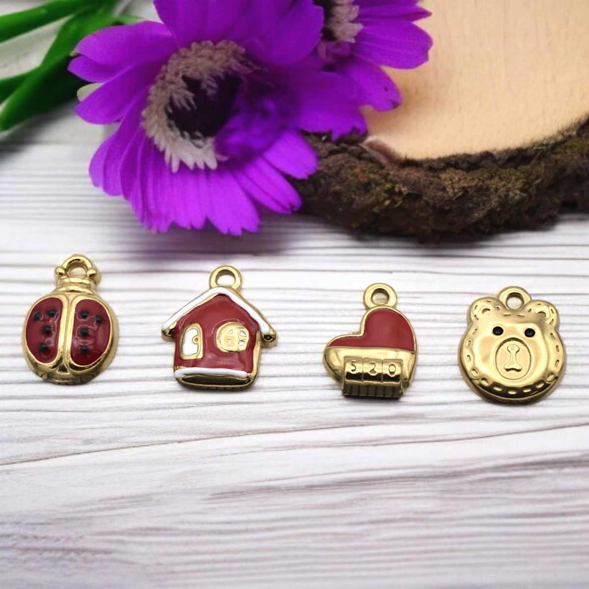 Red Enamel Charm Set: Colorful Kawaii Motifs for Crafting (6 or 12 Pieces, Gold Plated Stainless Steel, Kids Friendly)