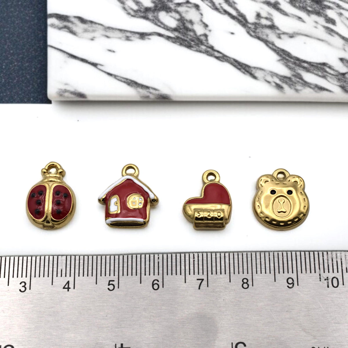 Red Enamel Charm Set: Colorful Kawaii Motifs for Crafting (6 or 12 Pieces, Gold Plated Stainless Steel, Kids Friendly)
