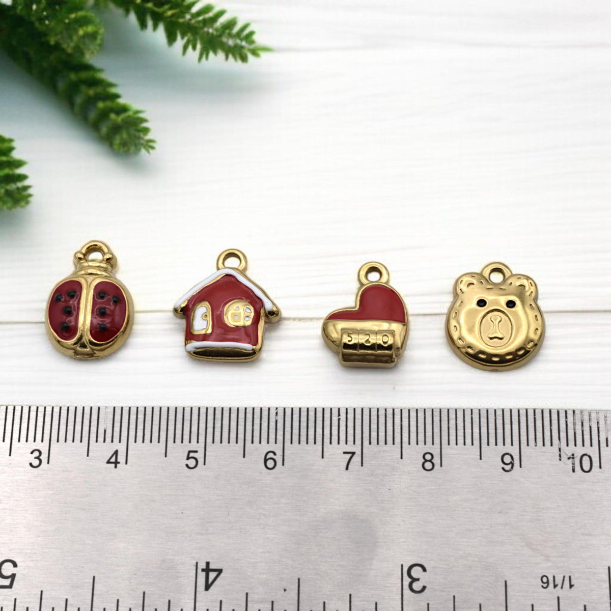 Red Enamel Charm Set: Colorful Kawaii Motifs for Crafting (6 or 12 Pieces, Gold Plated Stainless Steel, Kids Friendly)