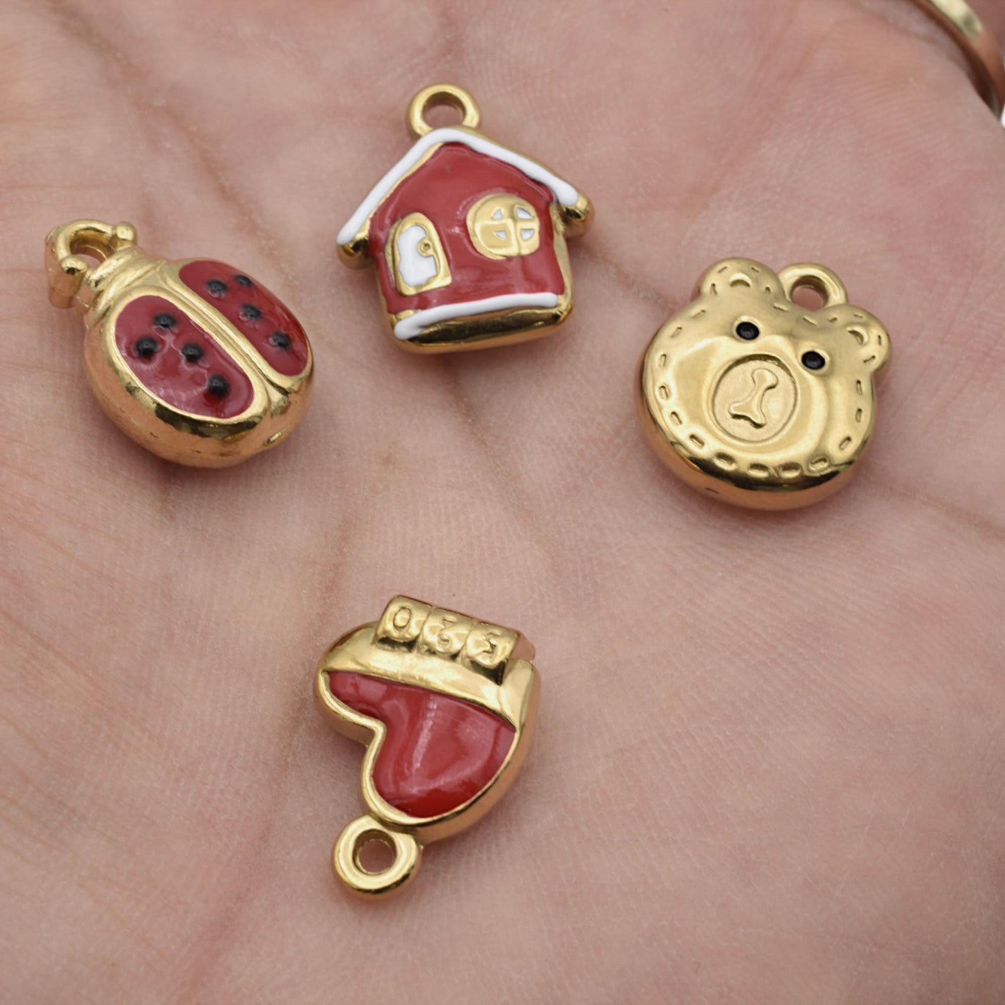 Red Enamel Charm Set: Colorful Kawaii Motifs for Crafting (6 or 12 Pieces, Gold Plated Stainless Steel, Kids Friendly)