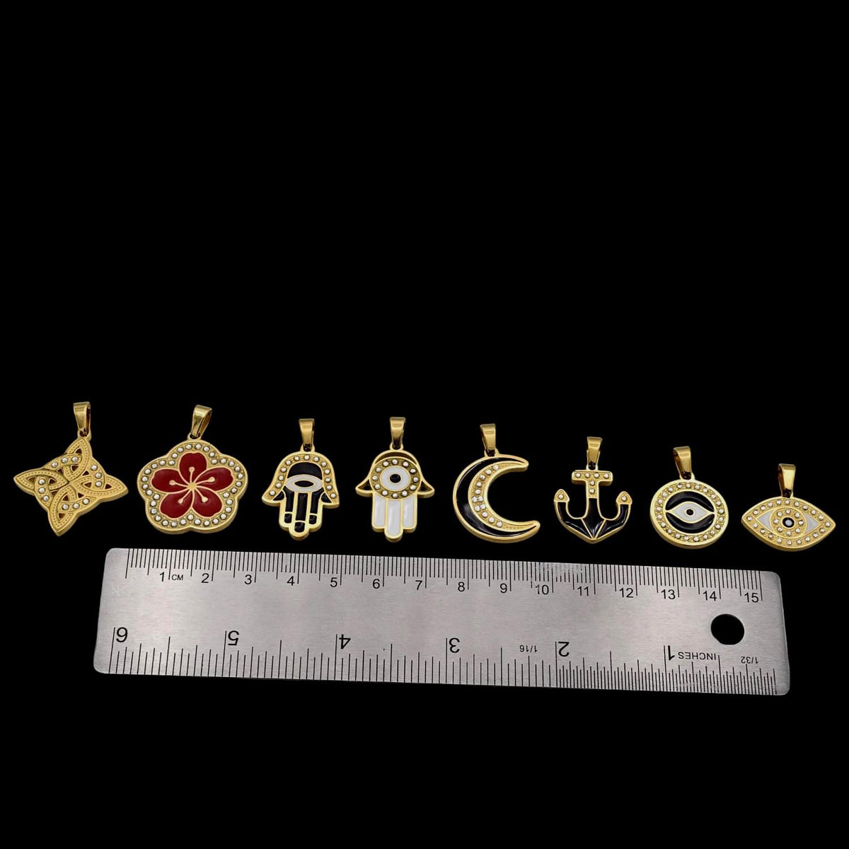 Gold Enamel Stainless Steel CZ Pendant, Filigree Cross • Flower • Hamsa • Moon • Anchor • Evil Eye for Necklace Charm, Bracelect