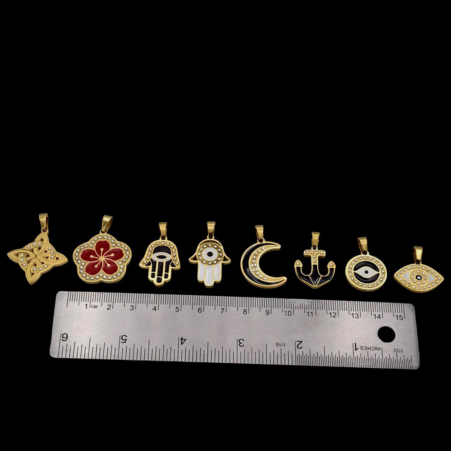 Gold Enamel Stainless Steel CZ Pendant, Filigree Cross • Flower • Hamsa • Moon • Anchor • Evil Eye for Necklace Charm, Bracelect