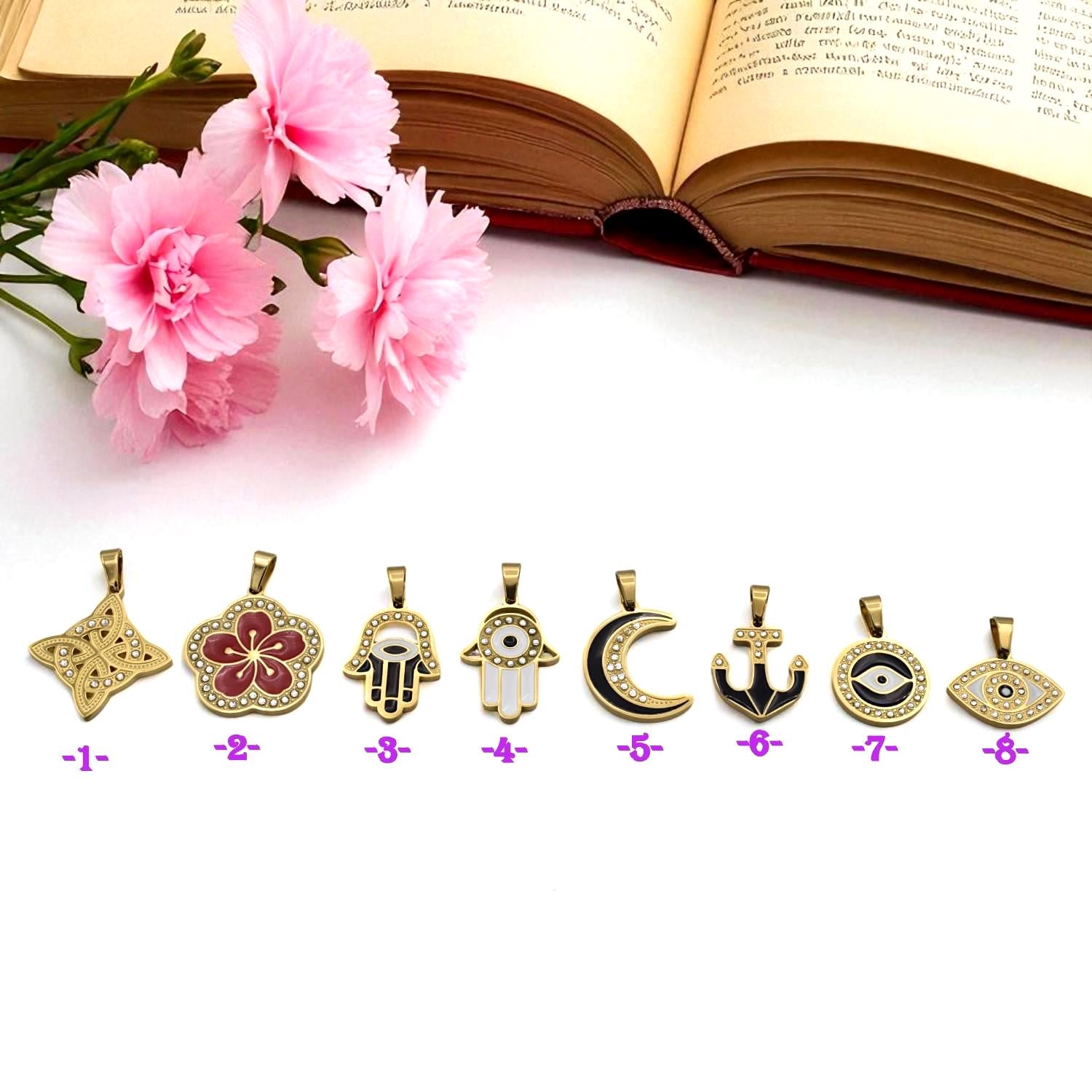 Gold Enamel Stainless Steel CZ Pendant, Filigree Cross • Flower • Hamsa • Moon • Anchor • Evil Eye for Necklace Charm, Bracelect