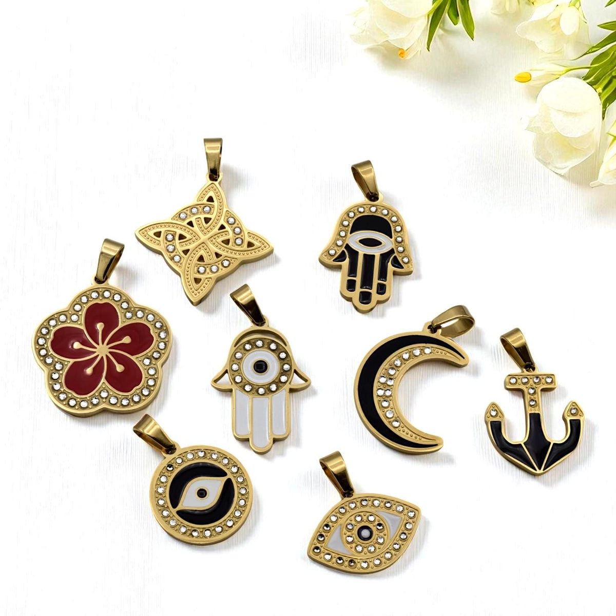 Gold Enamel Stainless Steel CZ Pendant, Filigree Cross • Flower • Hamsa • Moon • Anchor • Evil Eye for Necklace Charm, Bracelect