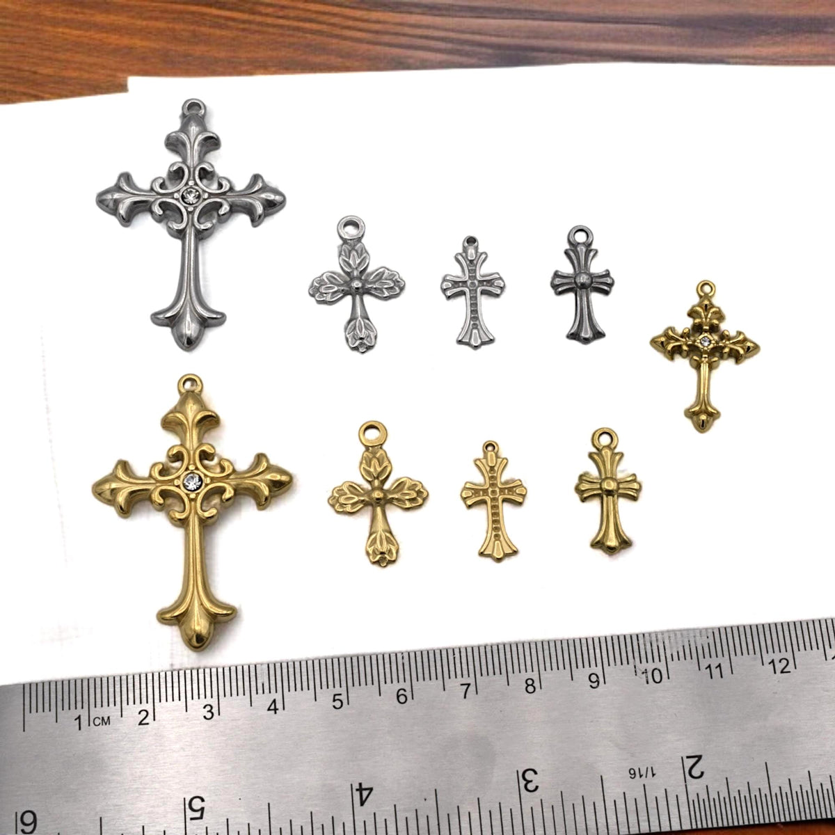 Ornate Cross Charms, Gold plated/Silver Stainless Steel Filigree Crucifix Pendants w/ Rhinestone, Faith Jewelry Findings 6...