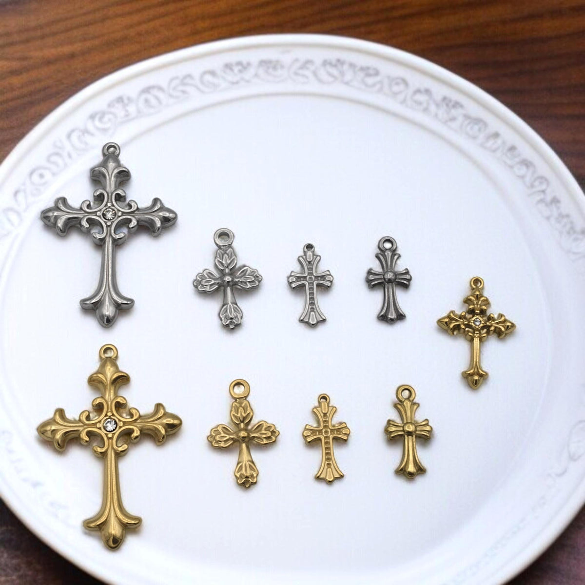 Ornate Cross Charms, Gold plated/Silver Stainless Steel Filigree Crucifix Pendants w/ Rhinestone, Faith Jewelry Findings 6...