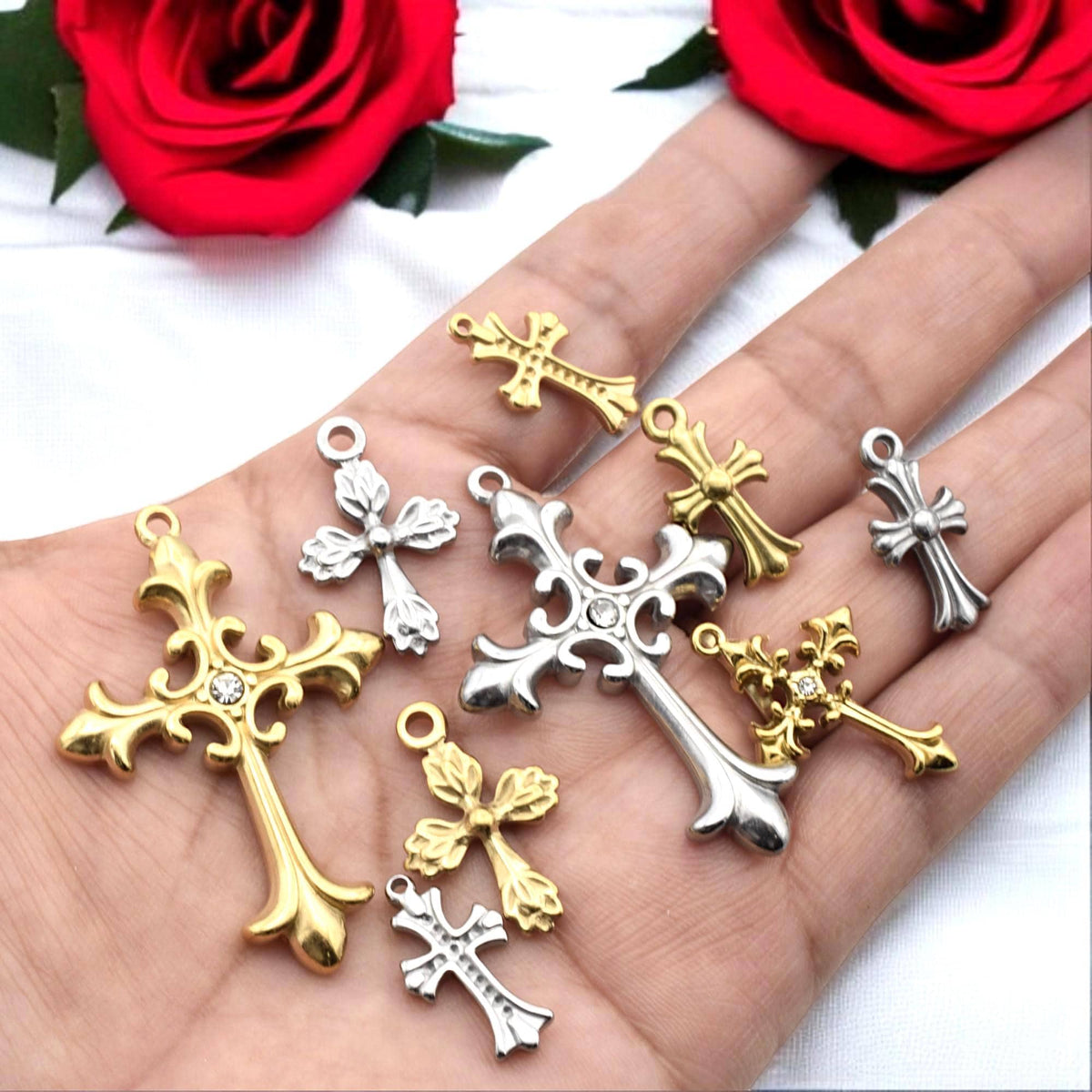 Ornate Cross Charms, Gold plated/Silver Stainless Steel Filigree Crucifix Pendants w/ Rhinestone, Faith Jewelry Findings 6...