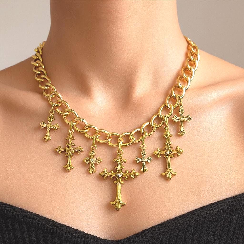 Ornate Cross Charms, Gold plated/Silver Stainless Steel Filigree Crucifix Pendants w/ Rhinestone, Faith Jewelry Findings 6...