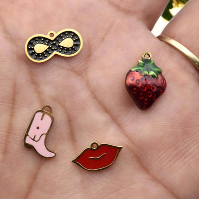 Colorful Enamel Charm Stainless Steel Strawberry, Red Lips, Pink Cowgirl Boot & Black Infinity – Gold‑Plated DIY Jewelry F...