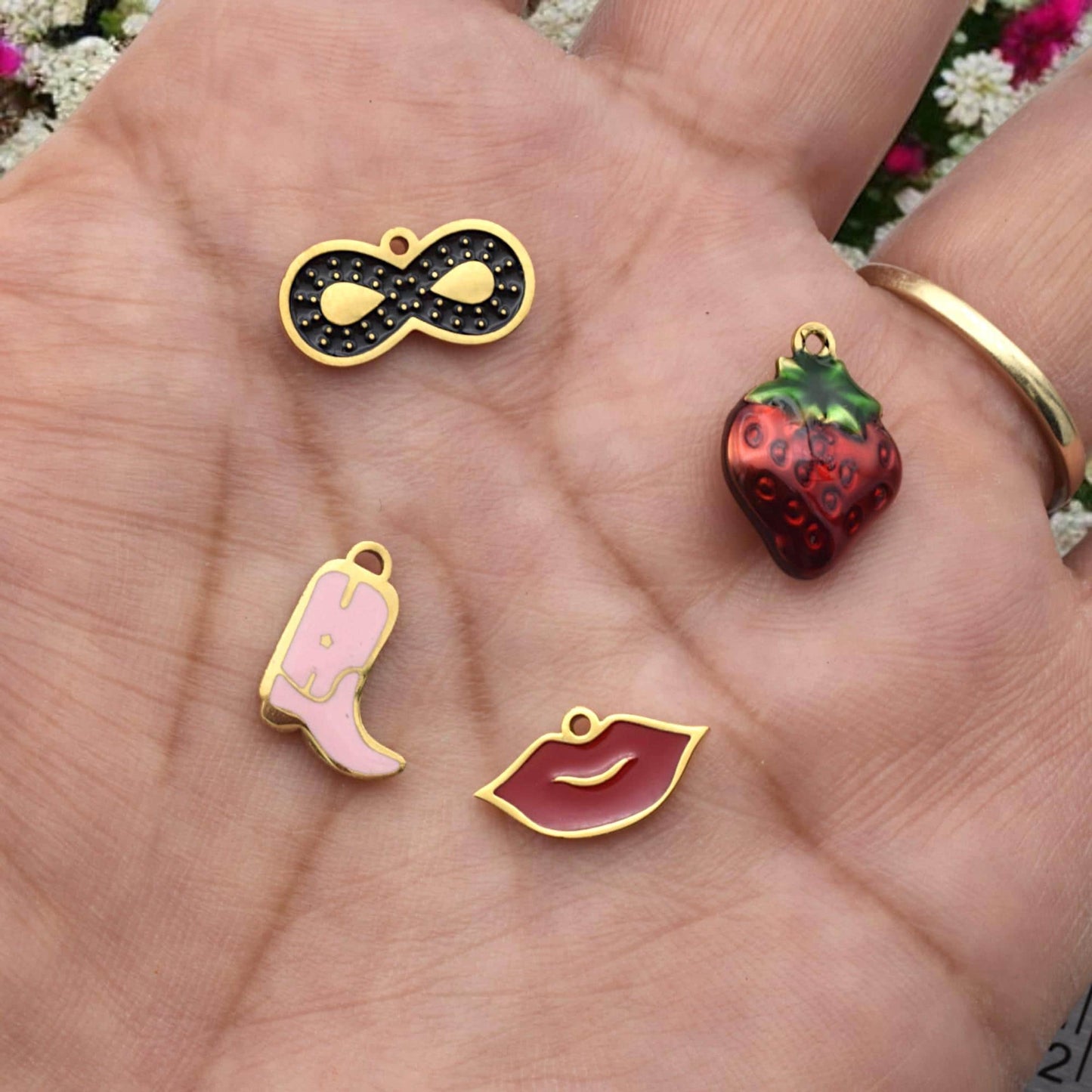 Gold Plated Findings Enamel Charm Set: Glossy Pastel Cowgirl Boot, Red Lips - Hard Enamel, Gold Tone Edging, Mixed Theme Charms