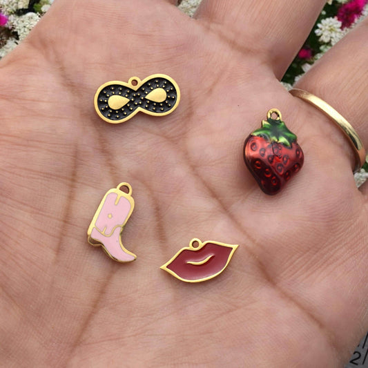 Gold Plated Findings Enamel Charm Set: Glossy Pastel Cowgirl Boot, Red Lips - Hard Enamel, Gold Tone Edging, Mixed Theme Charms