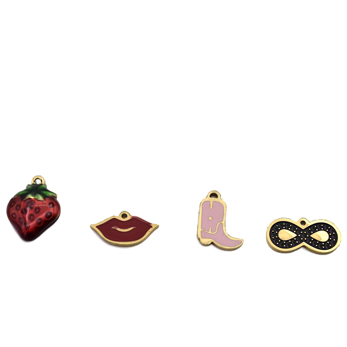 Gold Plated Findings Enamel Charm Set: Glossy Pastel Cowgirl Boot, Red Lips - Hard Enamel, Gold Tone Edging, Mixed Theme Charms