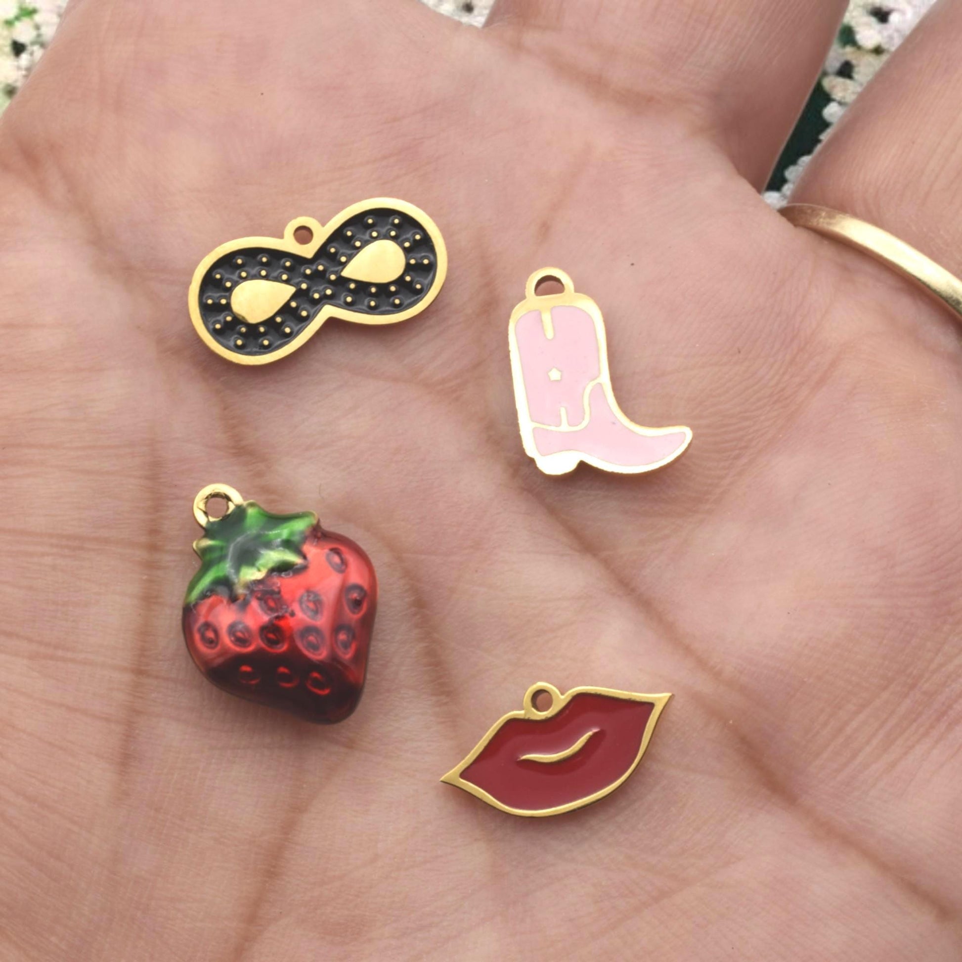 Gold Plated Findings Enamel Charm Set: Glossy Pastel Cowgirl Boot, Red Lips - Hard Enamel, Gold Tone Edging, Mixed Theme Charms
