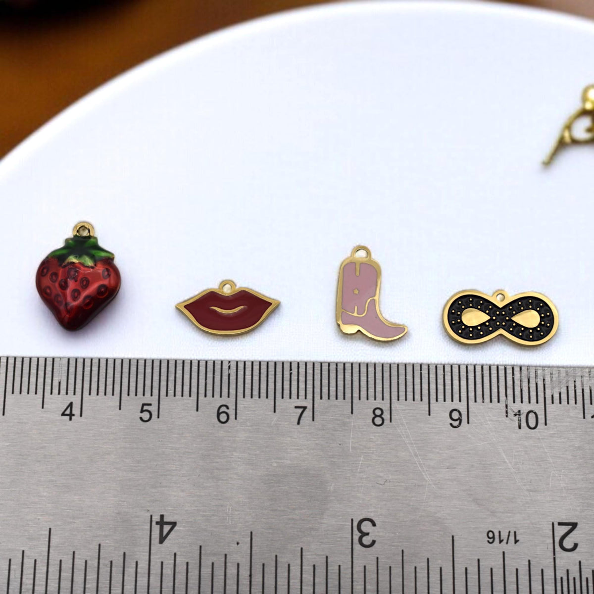 Gold Plated Findings Enamel Charm Set: Glossy Pastel Cowgirl Boot, Red Lips - Hard Enamel, Gold Tone Edging, Mixed Theme Charms