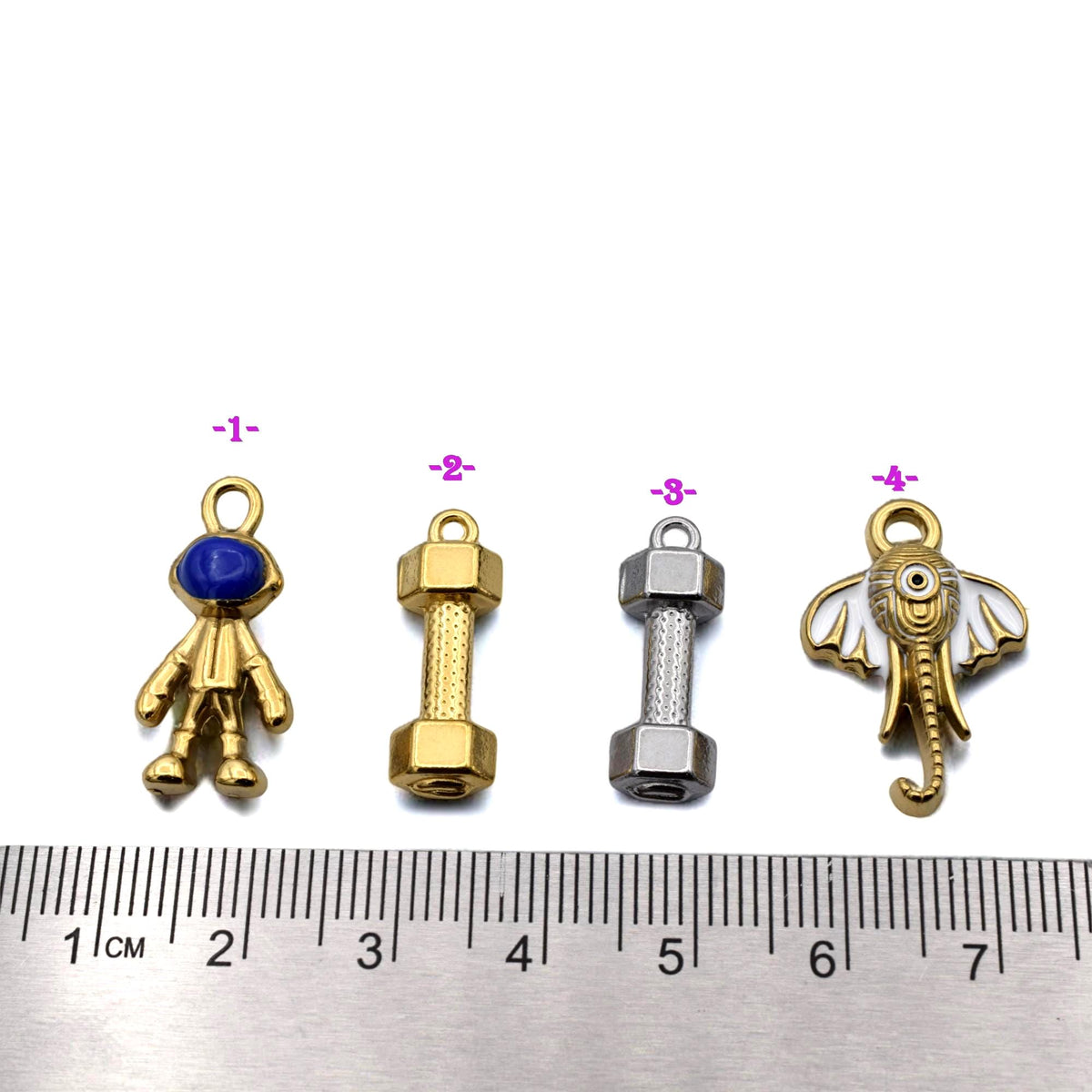 Steel Charm Enamel DIY Jewelry Findings: Space Fitness Mixed Pendants - Gold & Silver Stainless Steel, Enamel Accents, Jump Ring Compatible