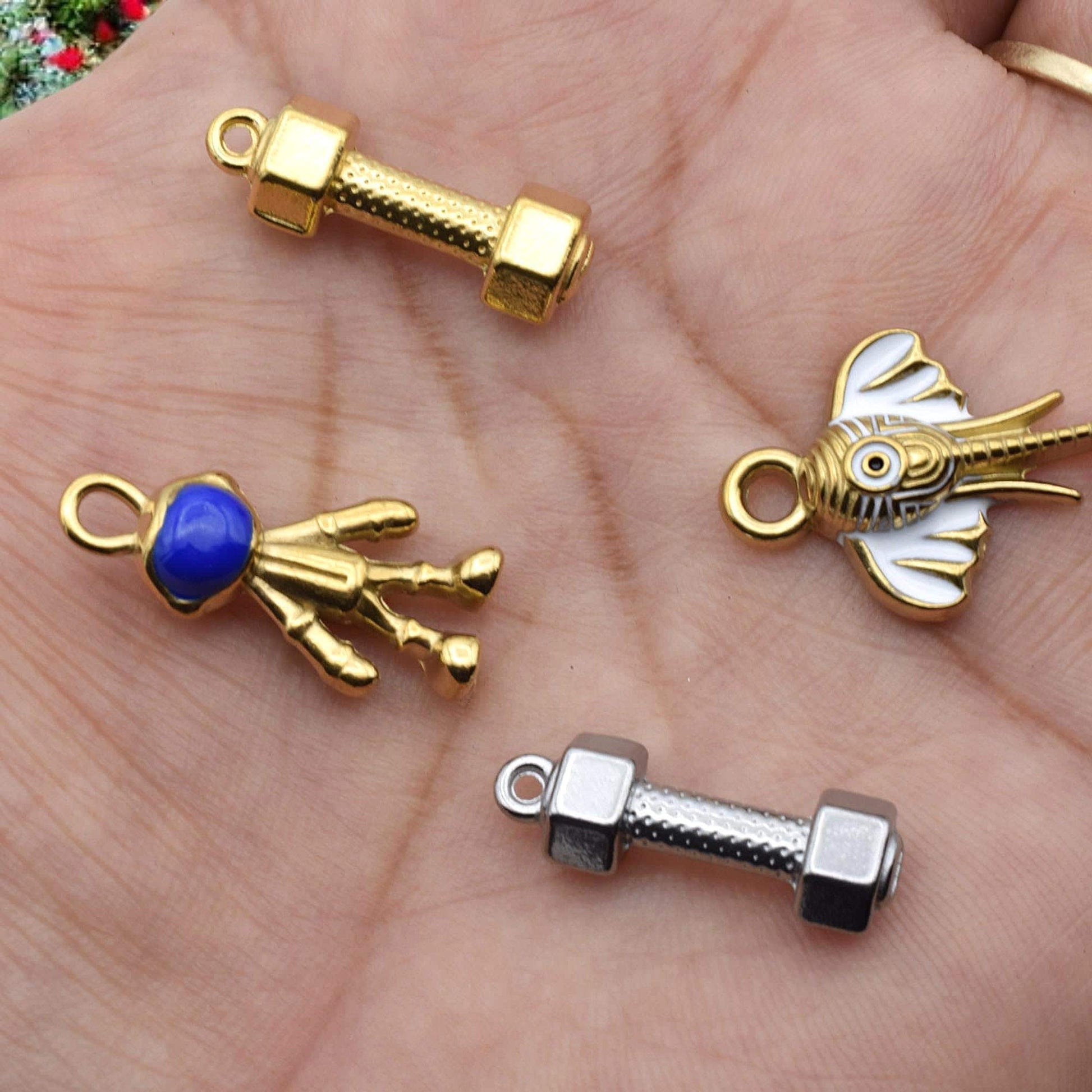 Steel Charm Enamel DIY Jewelry Findings: Space Fitness Mixed Pendants - Gold & Silver Stainless Steel, Enamel Accents, Jump Ring Compatible