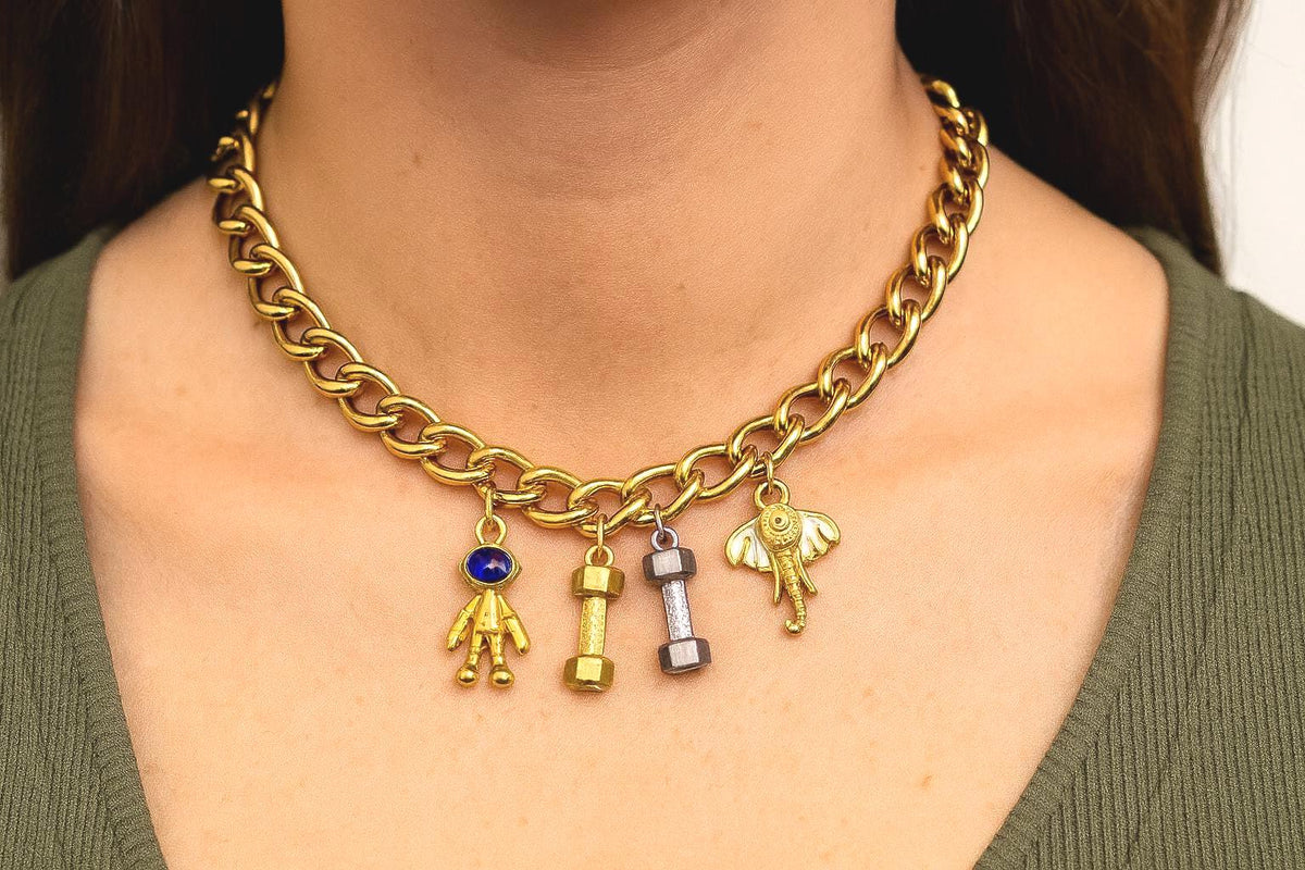 Steel Charm Enamel DIY Jewelry Findings: Space Fitness Mixed Pendants - Gold & Silver Stainless Steel, Enamel Accents, Jump Ring Compatible