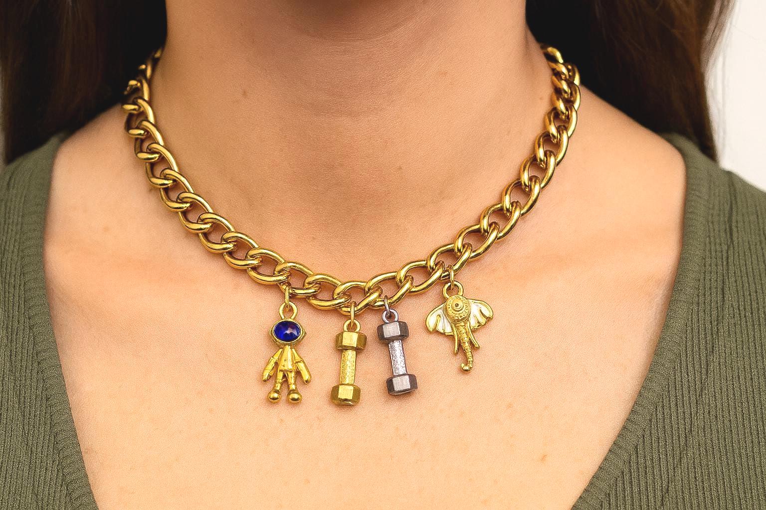 Steel Charm Enamel DIY Jewelry Findings: Space Fitness Mixed Pendants - Gold & Silver Stainless Steel, Enamel Accents, Jump Ring Compatible