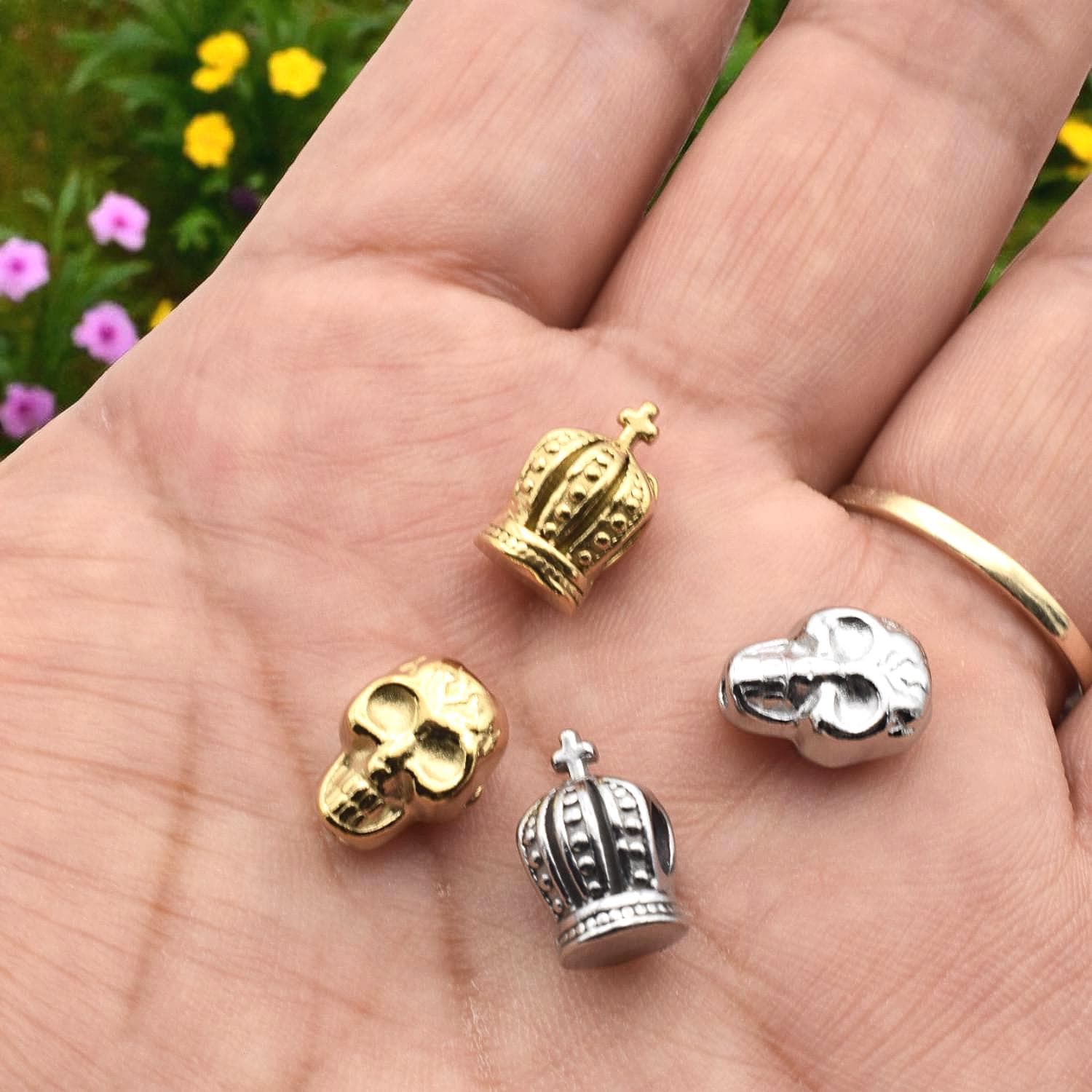 Crown With Cross Beads: Gothic Skull Charms, Gold & Silver Finish - Stainless Steel, Rust Proof, Large Hole for DIY Bracelets