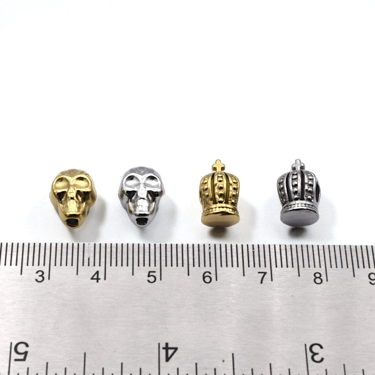 Crown With Cross Beads: Gothic Skull Charms, Gold & Silver Finish - Stainless Steel, Rust Proof, Large Hole for DIY Bracelets