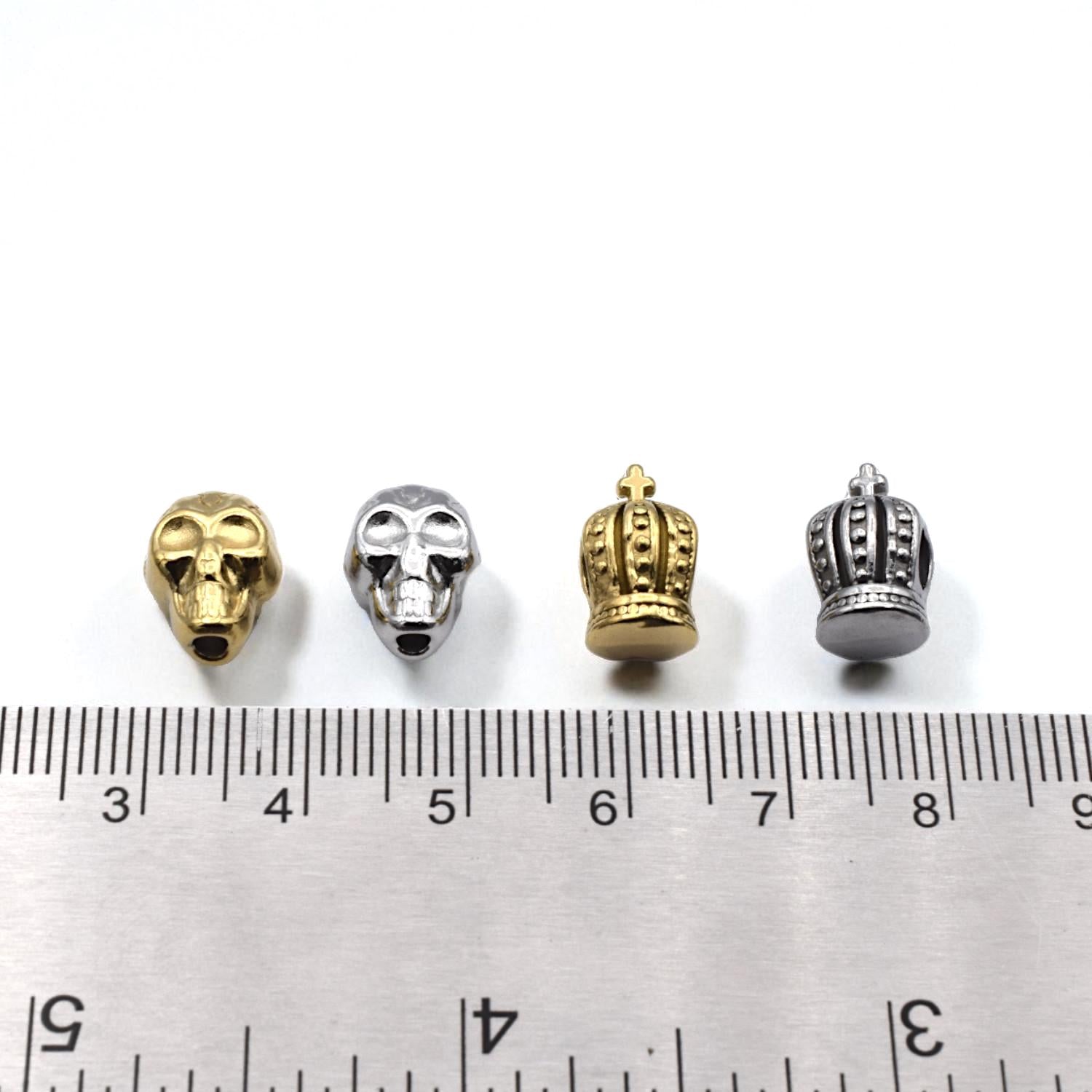 Crown With Cross Beads: Gothic Skull Charms, Gold & Silver Finish - Stainless Steel, Rust Proof, Large Hole for DIY Bracelets