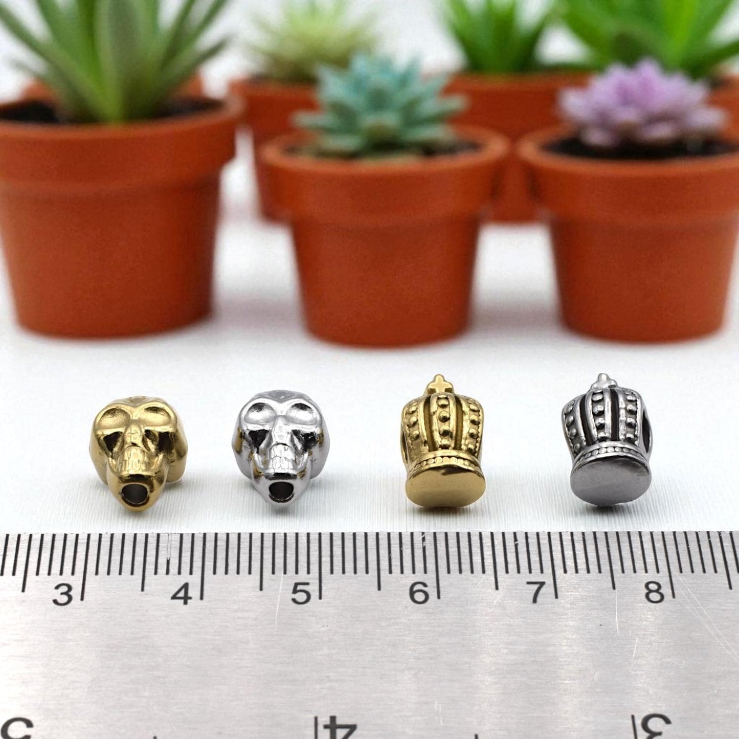 Crown With Cross Beads: Gothic Skull Charms, Gold & Silver Finish - Stainless Steel, Rust Proof, Large Hole for DIY Bracelets