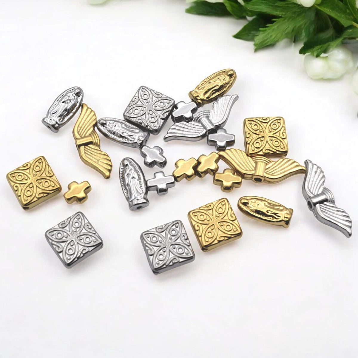 Cross Angel Wing Stainless Steel Beads: Gold & Silver Mixed Metal, Hypoallergenic | Rosary, Bracelet, Necklace, 12-Piece Set