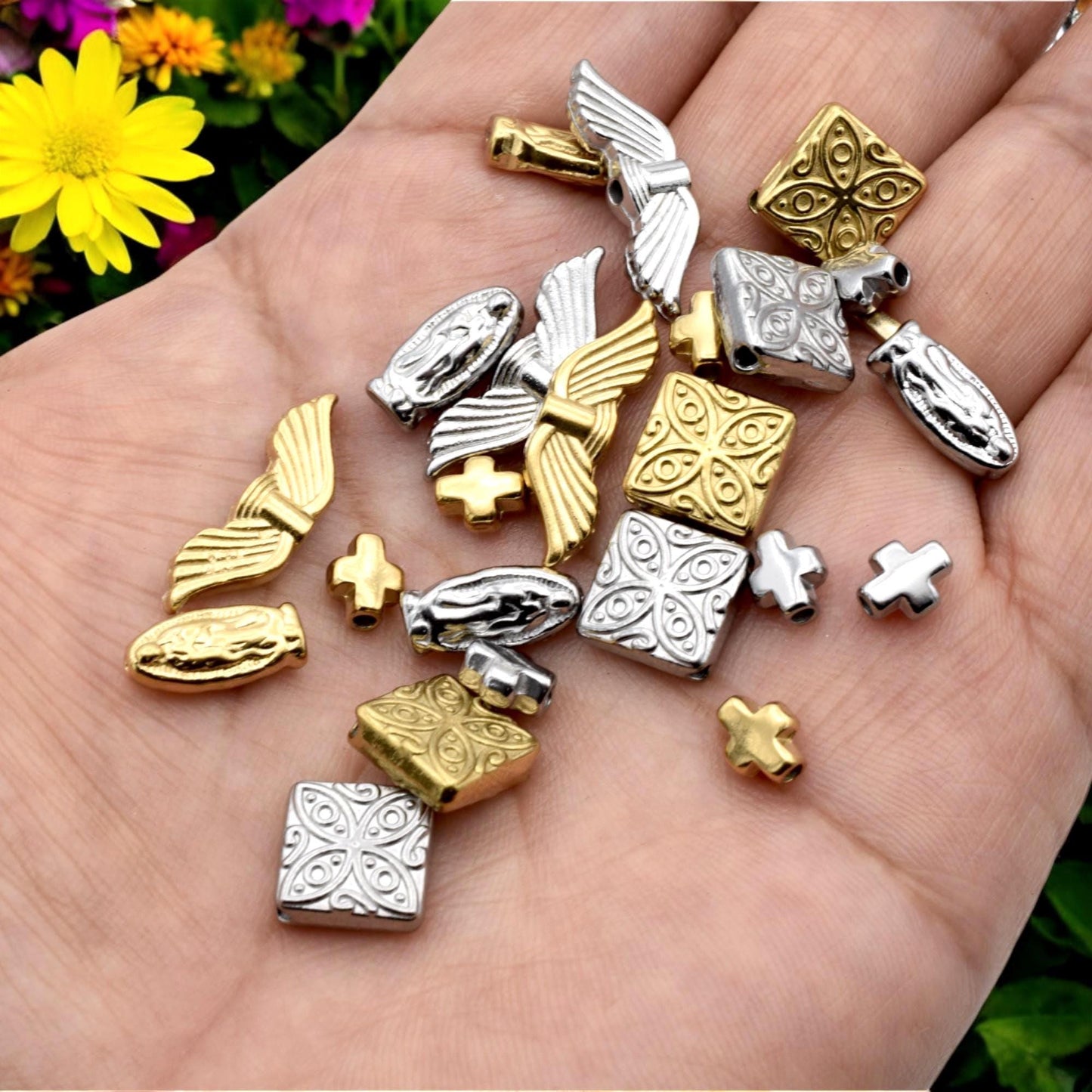 Cross Angel Wing Stainless Steel Beads: Gold & Silver Mixed Metal, Hypoallergenic | Rosary, Bracelet, Necklace, 12-Piece Set