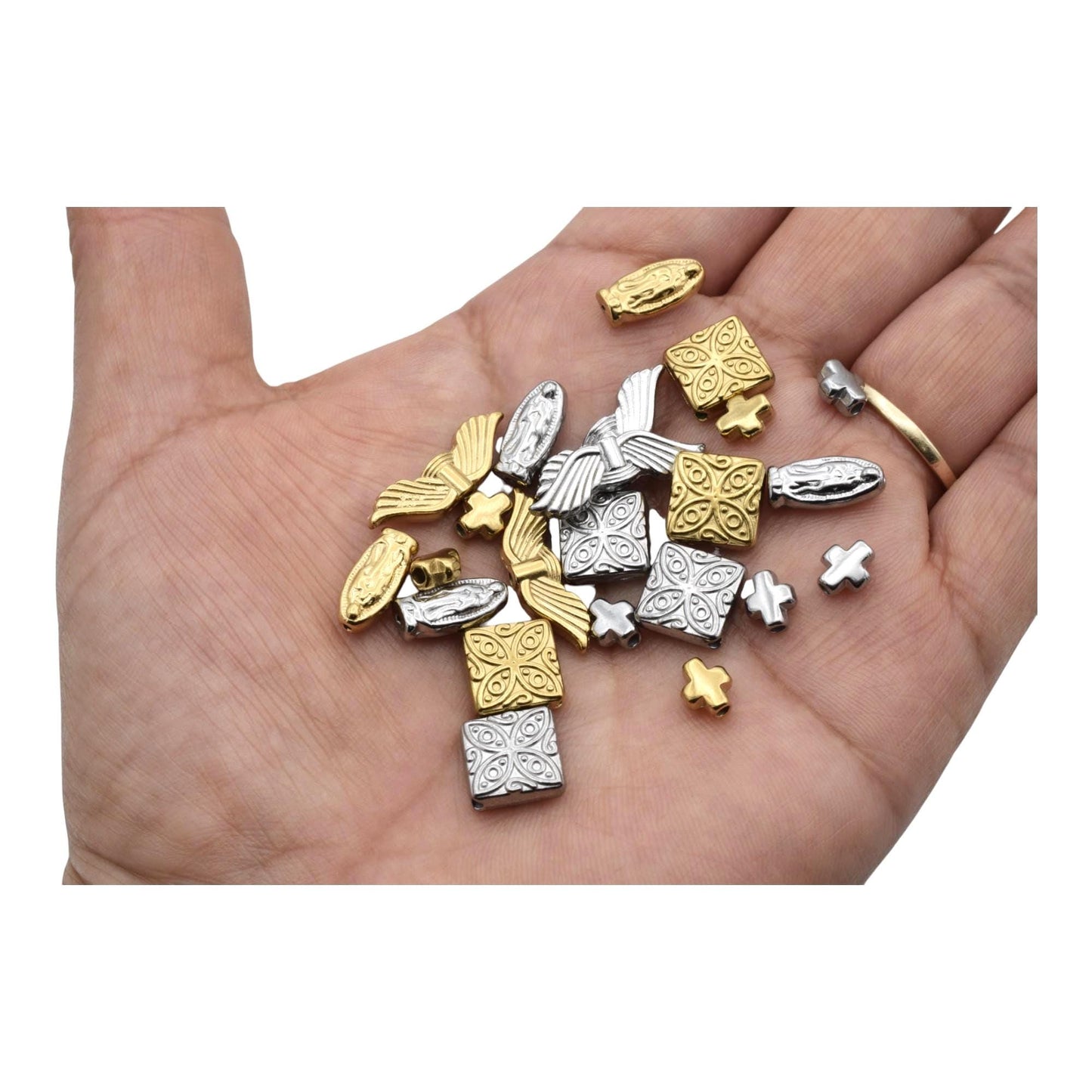 Cross Angel Wing Stainless Steel Beads: Gold & Silver Mixed Metal, Hypoallergenic | Rosary, Bracelet, Necklace, 12-Piece Set