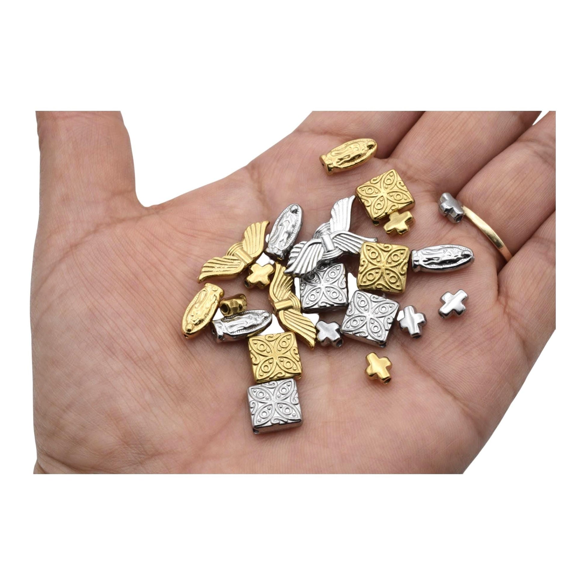 Cross Angel Wing Stainless Steel Beads: Gold & Silver Mixed Metal, Hypoallergenic | Rosary, Bracelet, Necklace, 12-Piece Set