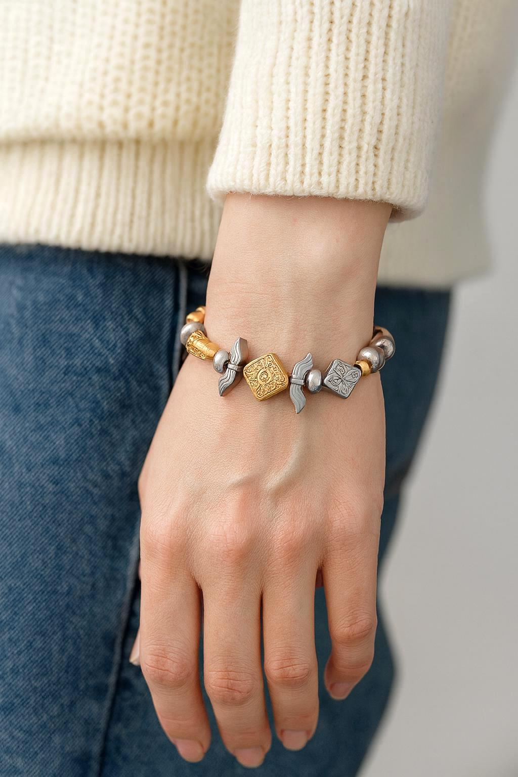 Cross Angel Wing Stainless Steel Beads: Gold & Silver Mixed Metal, Hypoallergenic | Rosary, Bracelet, Necklace, 12-Piece Set