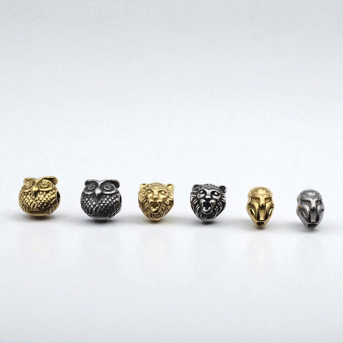 Steel Bead Owl Lion Iron Man: Gold Silver Gunmetal Charms, Stainless Steel, Durable Metal Beads | Unisex Set, 3 Pieces