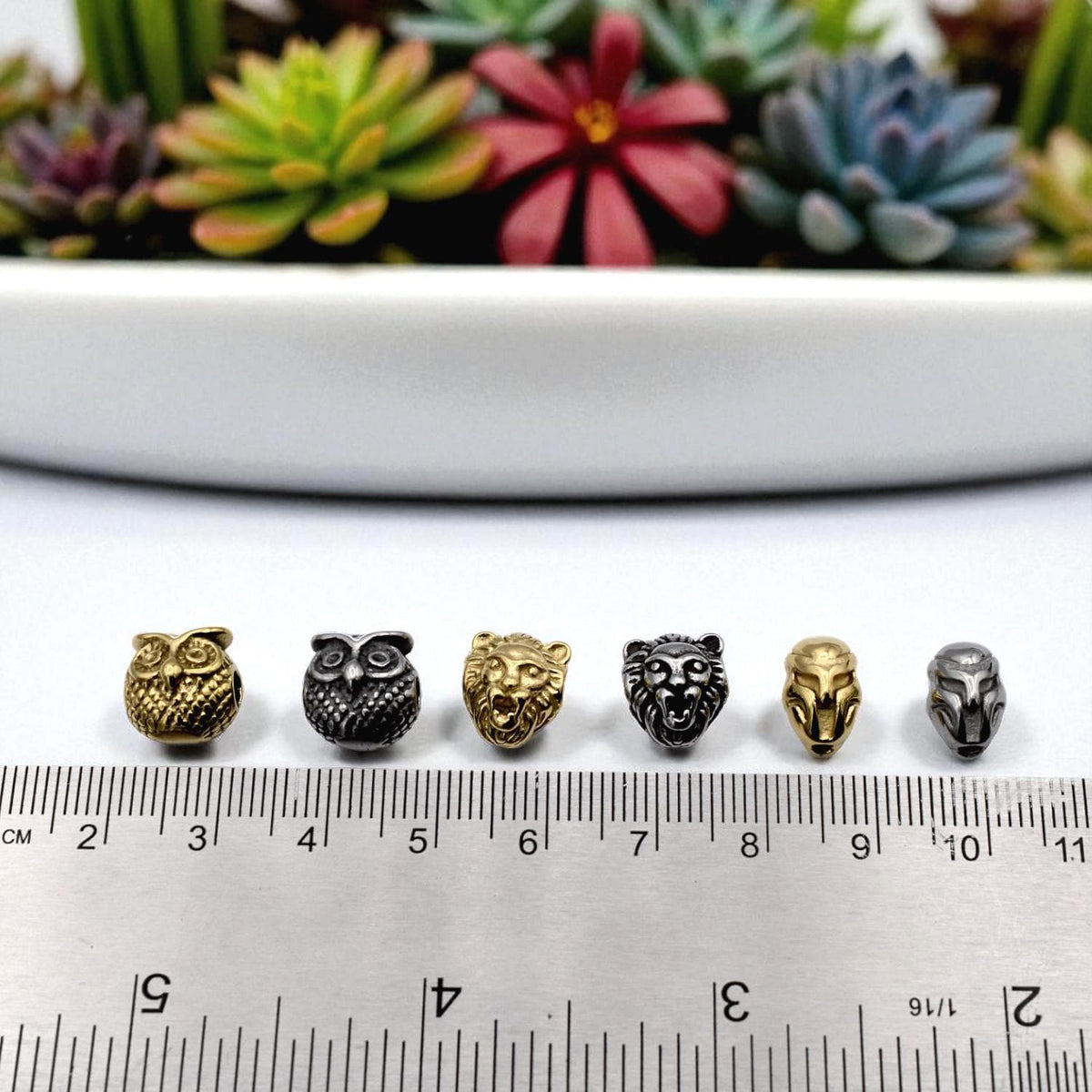 Steel Bead Owl Lion Iron Man: Gold Silver Gunmetal Charms, Stainless Steel, Durable Metal Beads | Unisex Set, 3 Pieces
