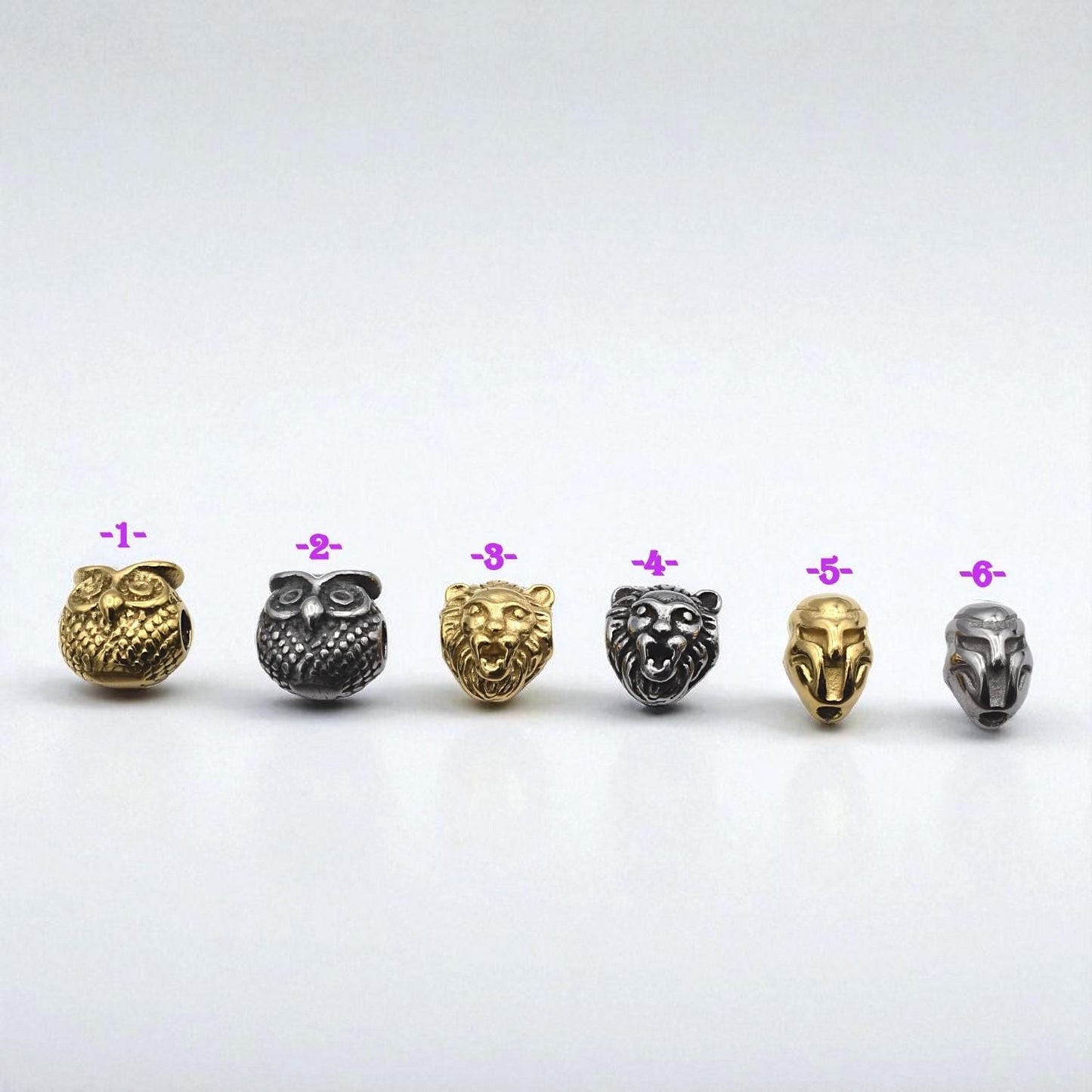 Steel Bead Owl Lion Iron Man: Gold Silver Gunmetal Charms, Stainless Steel, Durable Metal Beads | Unisex Set, 3 Pieces